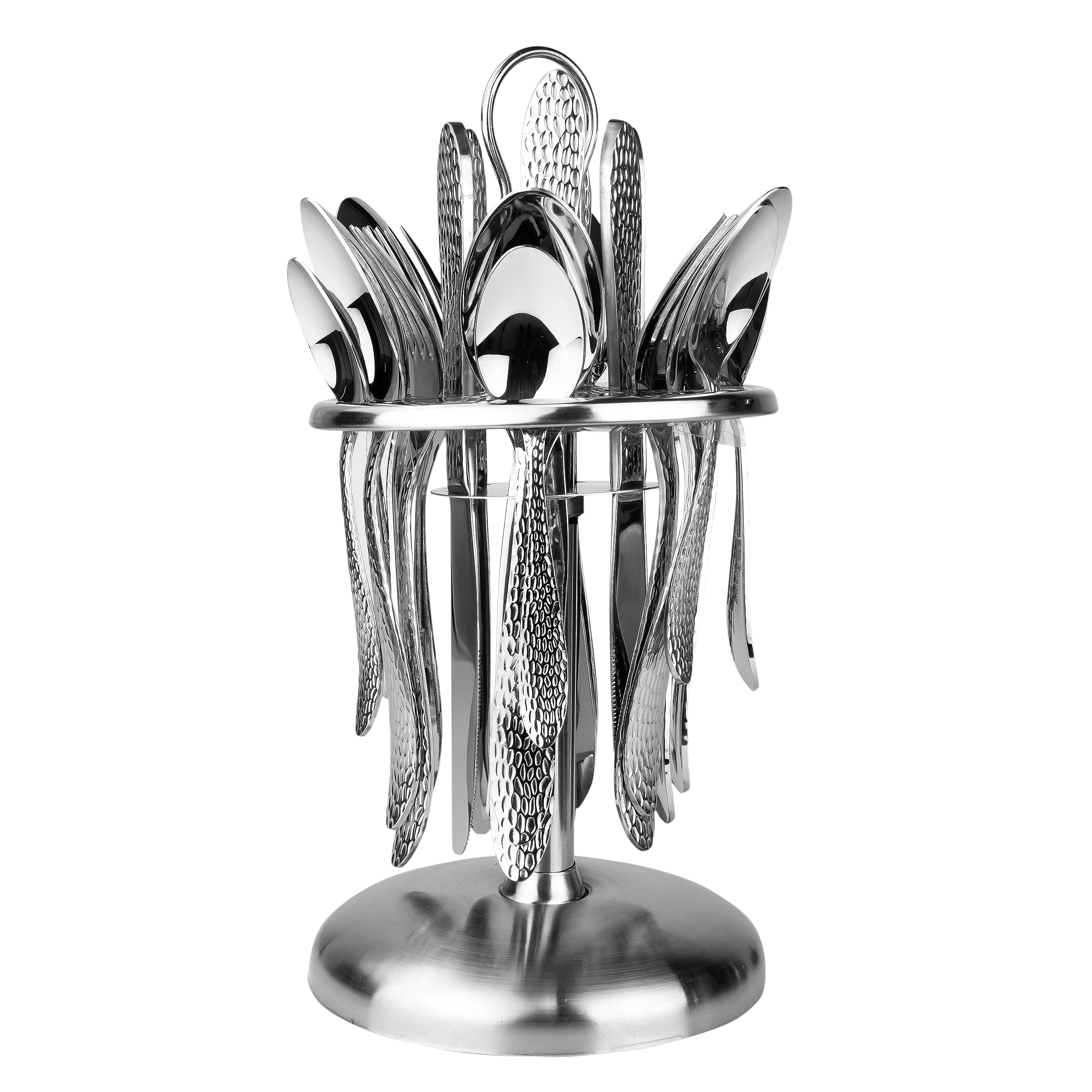 Cuisine Art Berger 24 Piece Silverware Flatware Cutlery Set with Revolving Round Stand, Stainless Steel Includes 6 Knife, Fork, Spoon and Tea Spoon, Dinner Mirror Polished, Dishwasher Safe