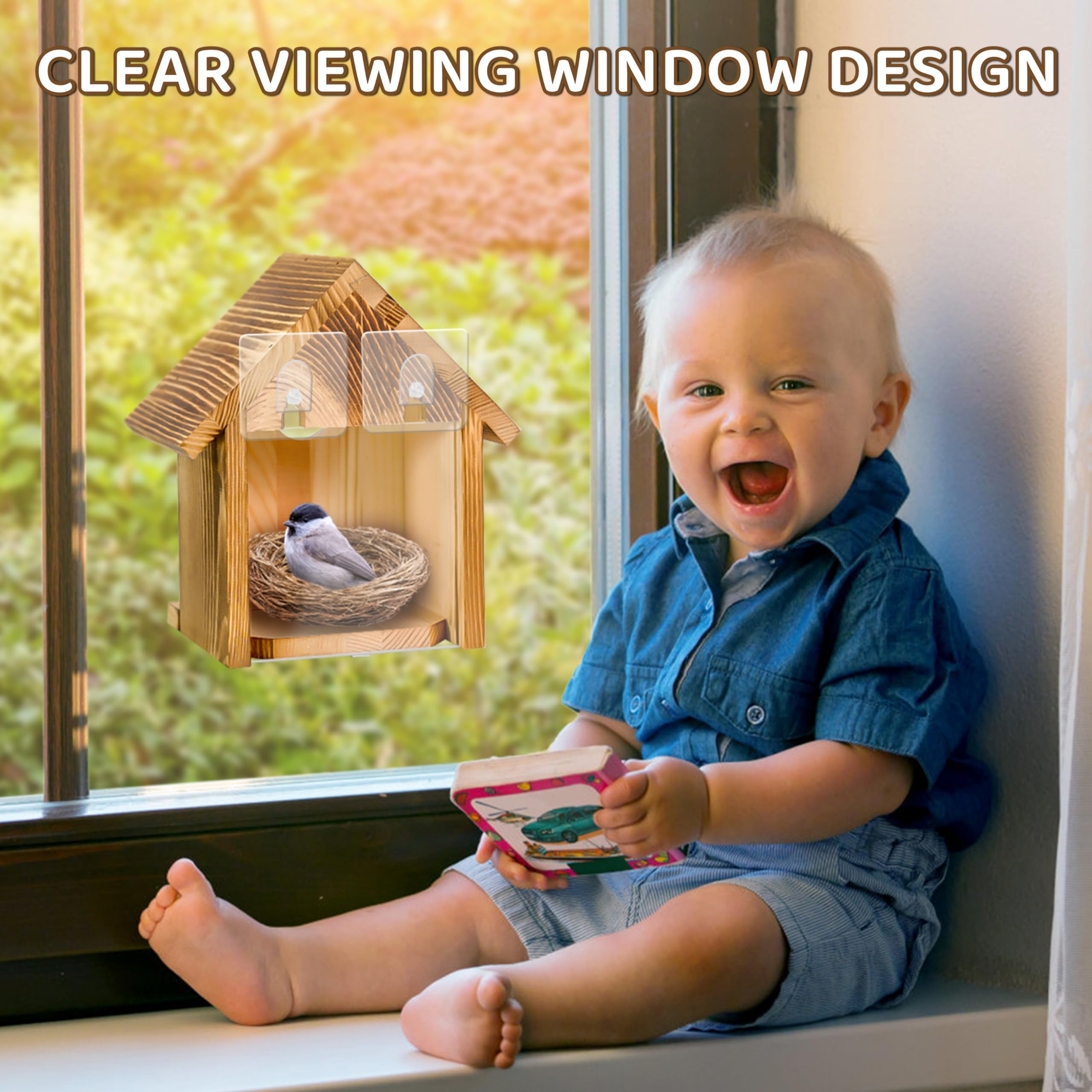 Casas para pájaros con ventana para exteriores con 2 potentes ganchos, casa de pájaros con ventana transparente para ver en el interior, casas de pájaros de madera colgantes para pintar al aire libre, 5