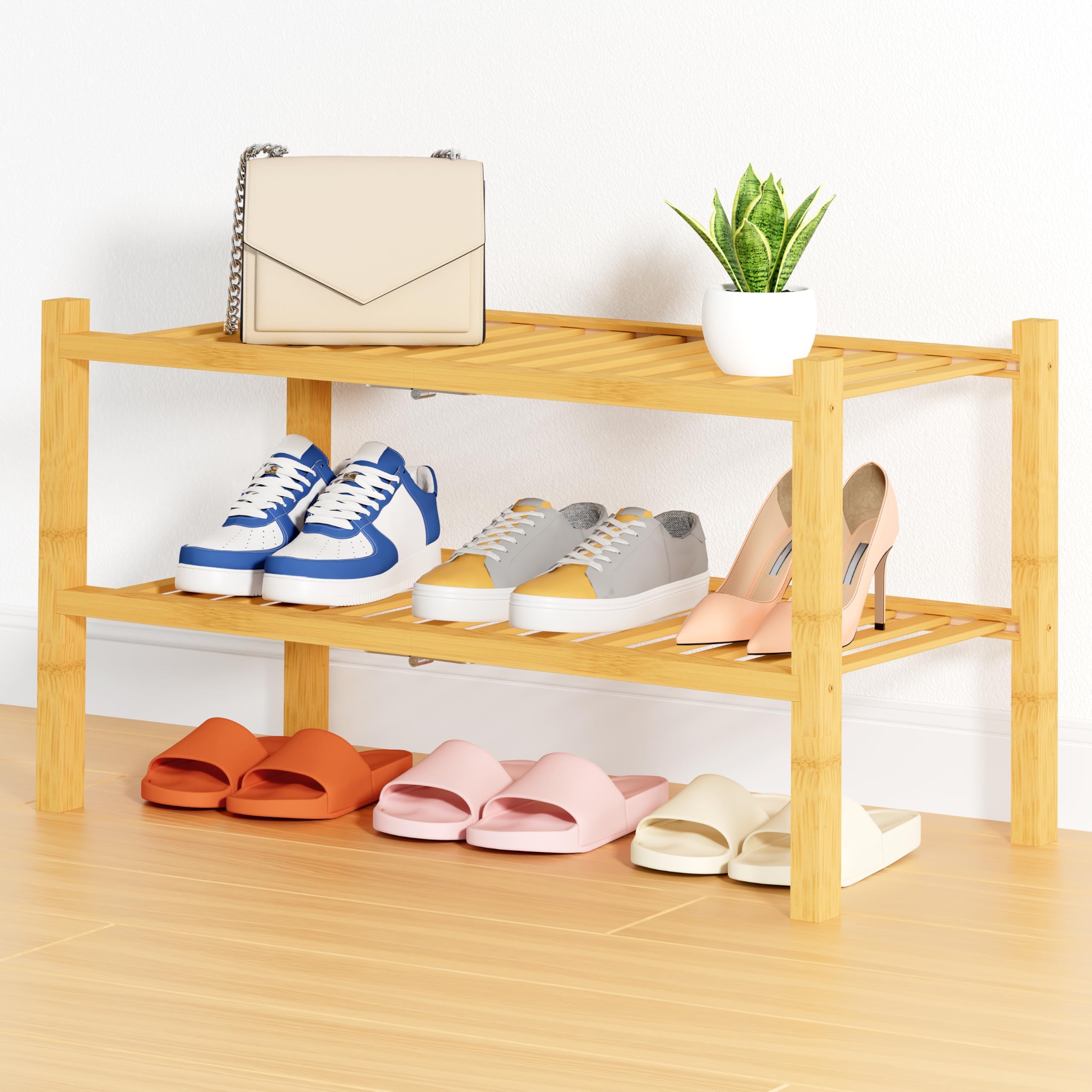 smiry Shoe Rack, 2 Tier Bamboo Shoe Organizer, Stackable Free Standing Wooden Shoe Storage Shelf for Entryway, Front Door Entrance, Natural