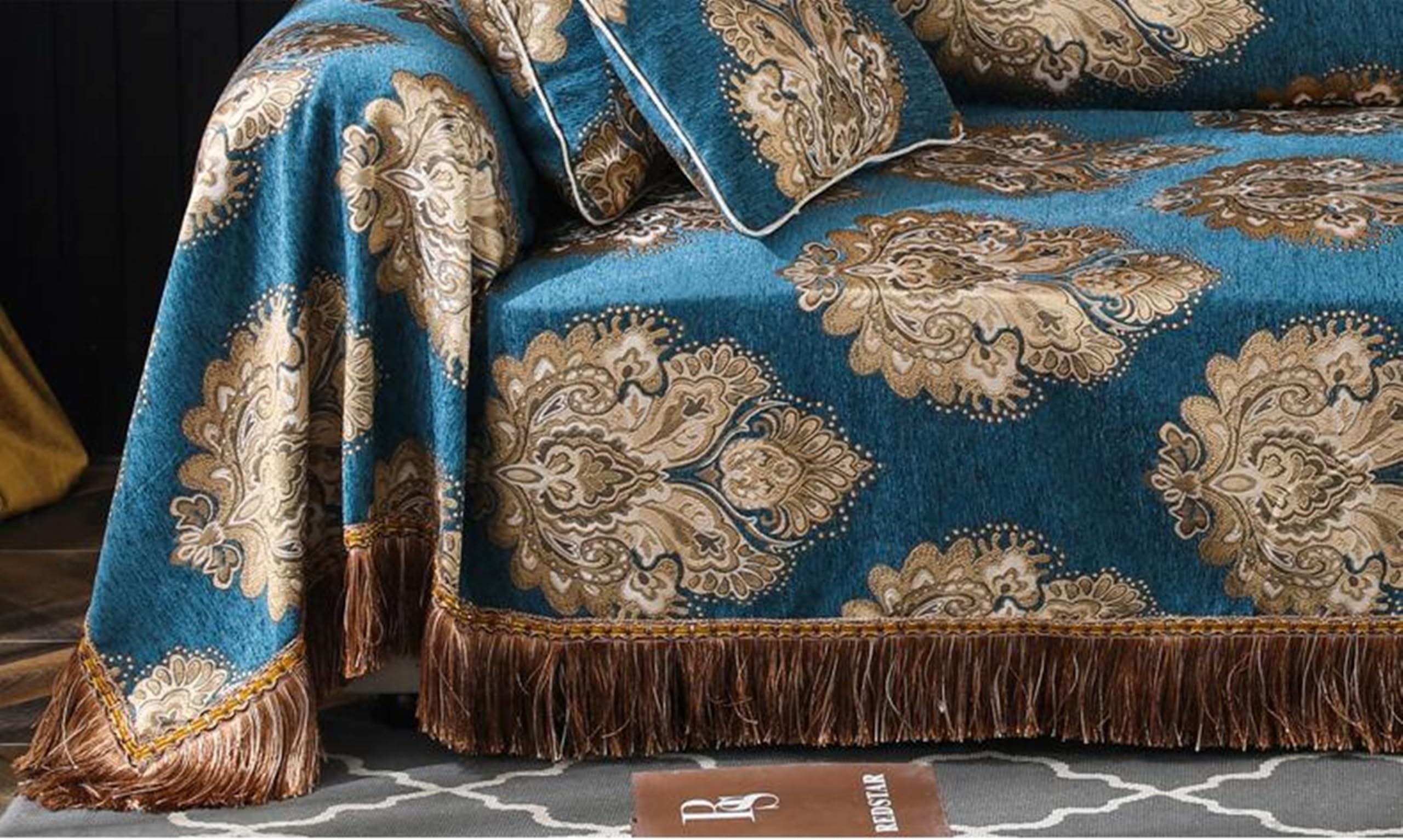 Couverture Canapé, 190x200CM, Convient à 1 Place, Jacquard Floral Brodé à Franges, Bleu Foncé, Housse de Canapé Plaid Chenille Protection, Anti Griffe de Chat