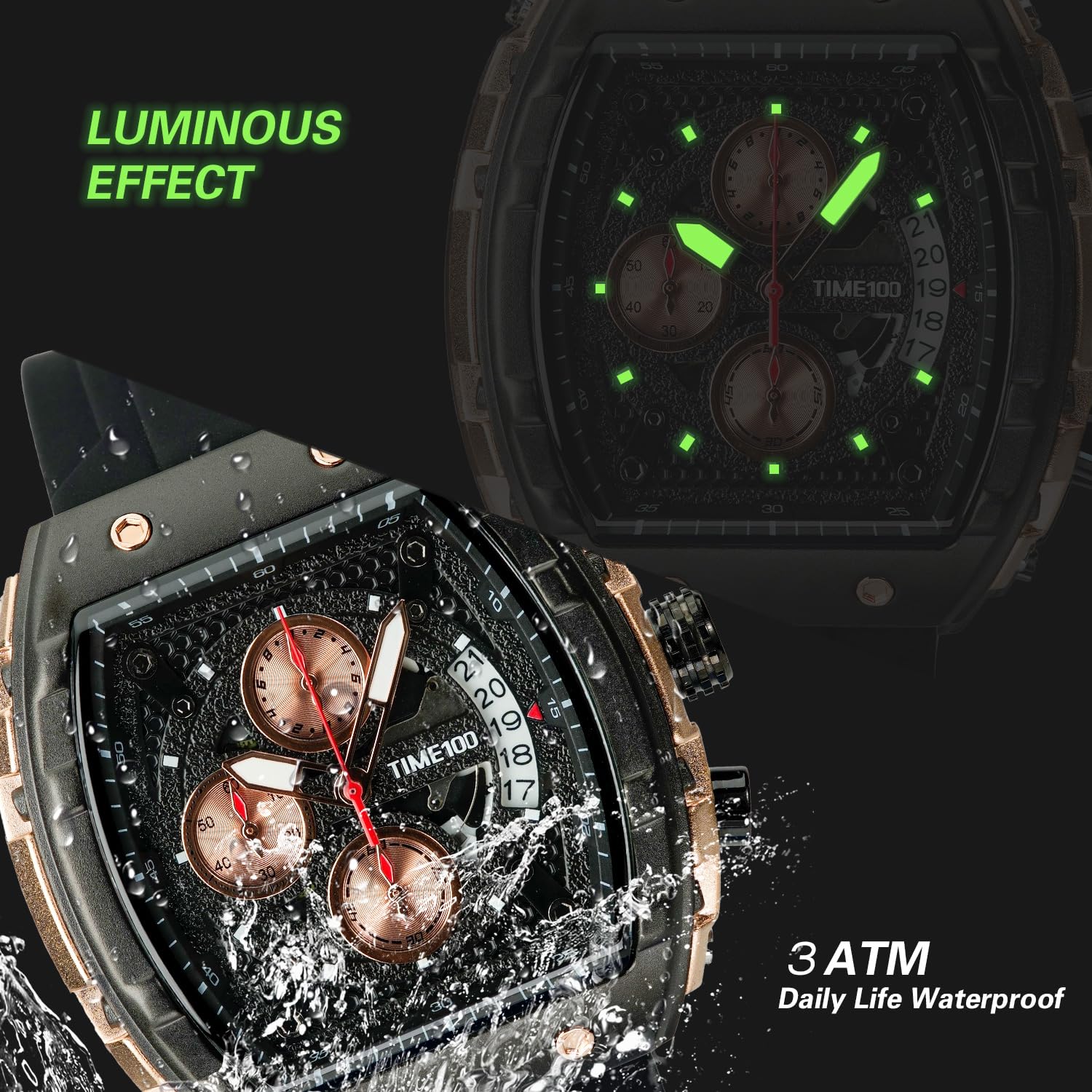 TIME100 Zegarek dla mężczyzn Chronograf Kalendarz Kwadratowa Twarz Świecący Styl Punkowy Wielofunkcyjny Pod-Tarcza Męski Szkielet Tonneau Zegarek Regulowany Silikonowy Pasek, Czarne i różowe złoto,