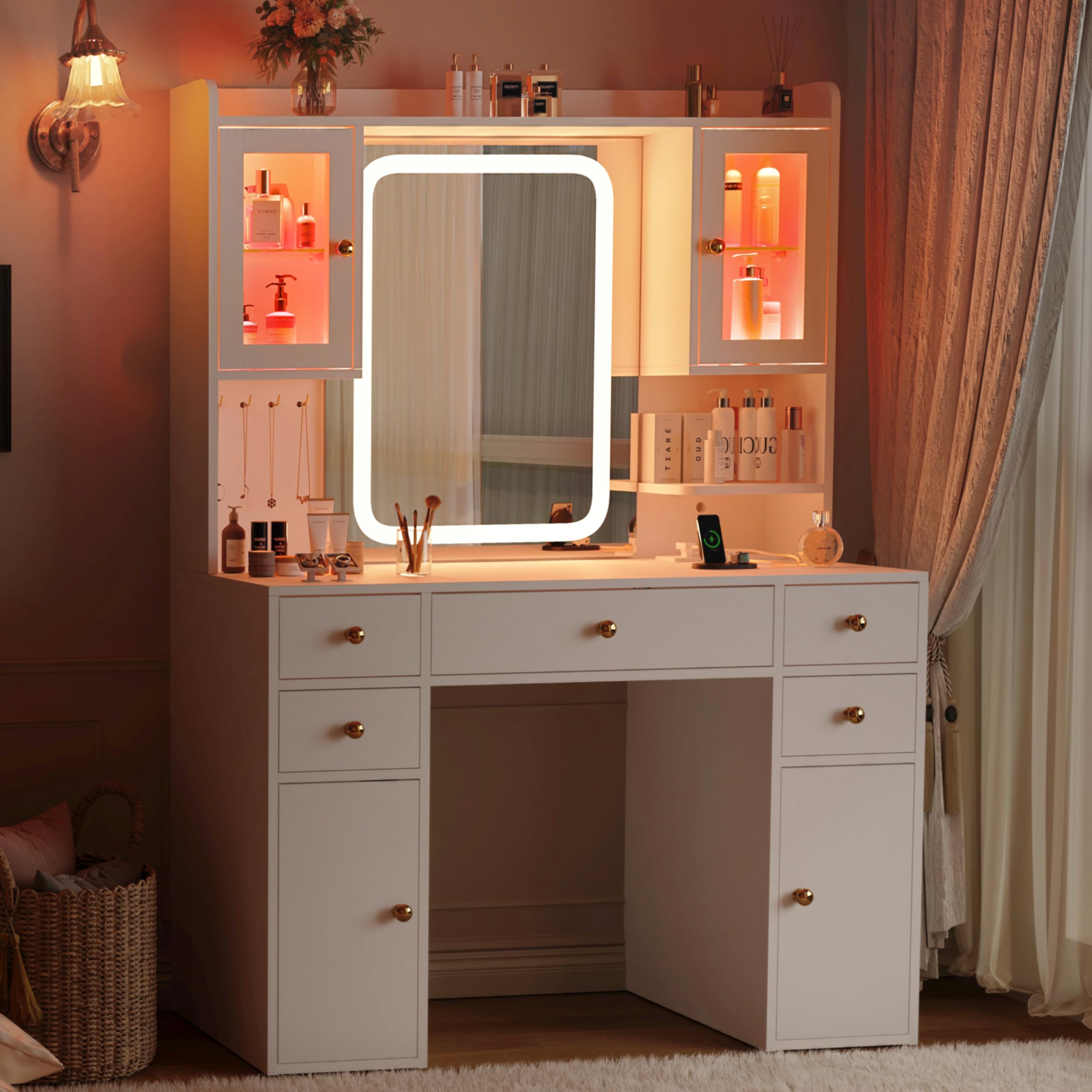 YOUDENOVA Schminktisch mit Beleuchtung und Spiegel, Großer Vanity mit Schubladen & 2 RGB-Glasvitrine, Dressing Table mit Steckdose, Frisiertisch Modern, Weihnachten Geschenke für Mädchen, Weiß