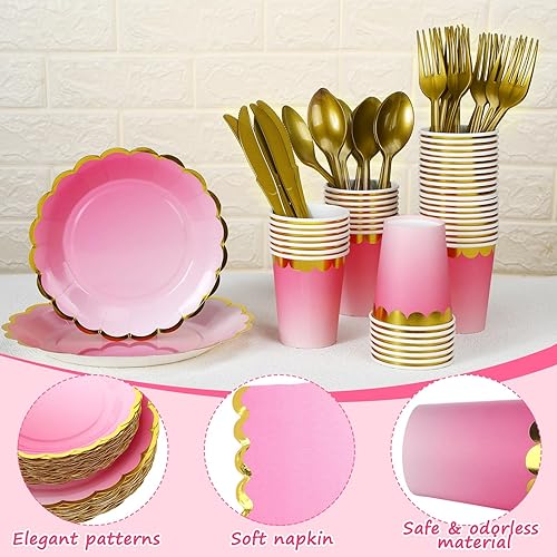 Miniatura 3 de Yaomiao Juego de 336 platos de papel, servilletas, suministros para fiestas, platos festoneados, vasos, servilletas con tenedores de plástico,