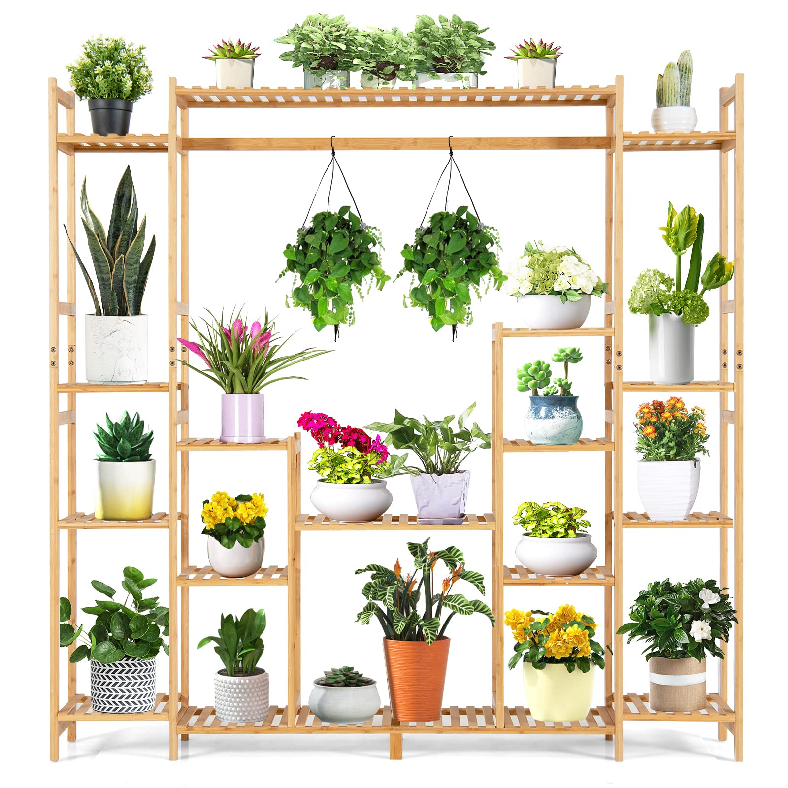RELAX4LIFE Blumentreppe 9-stufig, Blumenregal mit Hängestange, Pflanzenständer aus Bambus, Pflanzenregal für Innen, Blumenständer für Wohnzimmer, Balkon und Büro, 167 x 30 x 166 cm