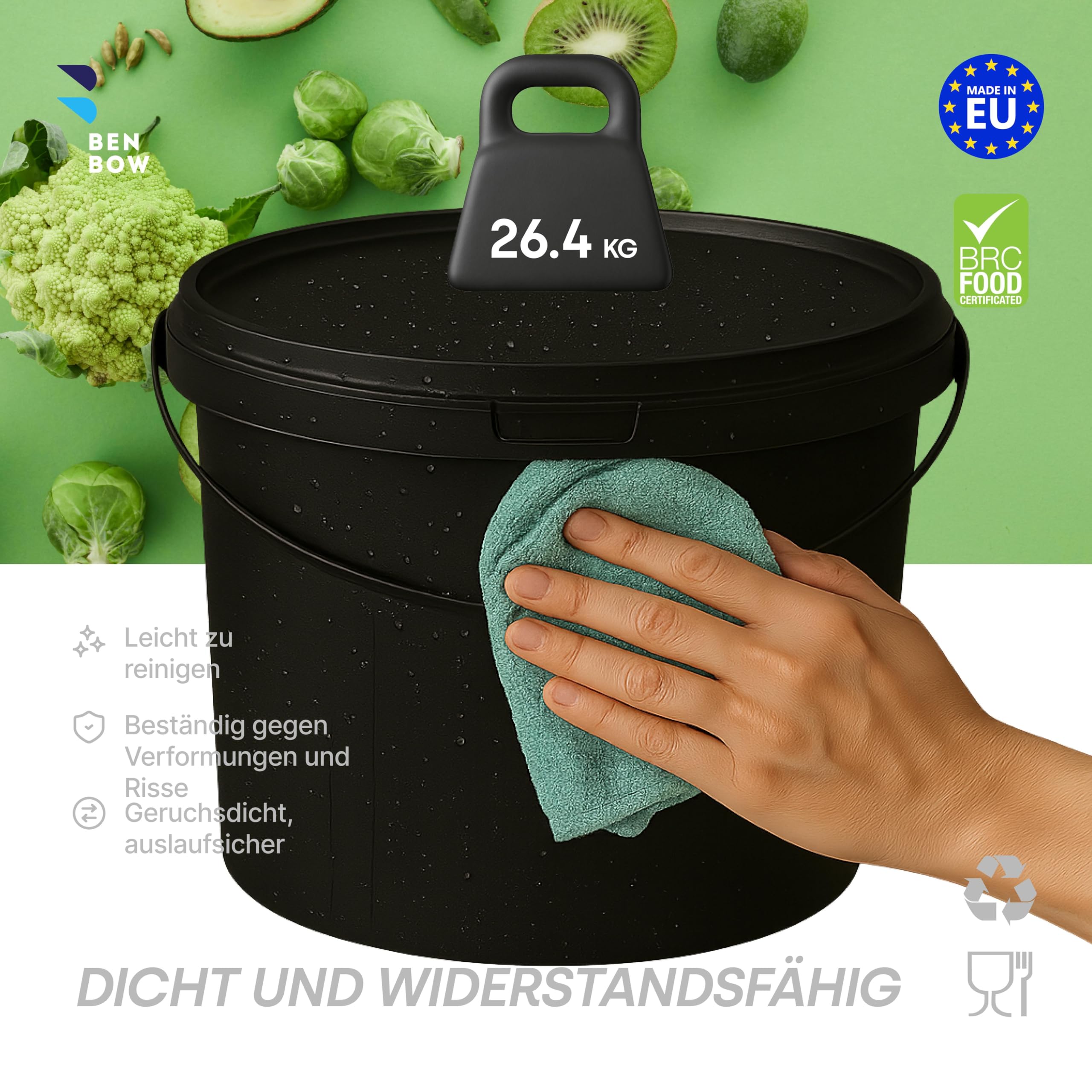 BenBow Eimer mit Deckel 10l schwarz 1x 10 Liter - lebensmittelecht, stabil, luftdicht, auslaufsicher, geruchsneutral - Aufbewahrungsbehälter aus Kunststoff, mit Henkel - leer