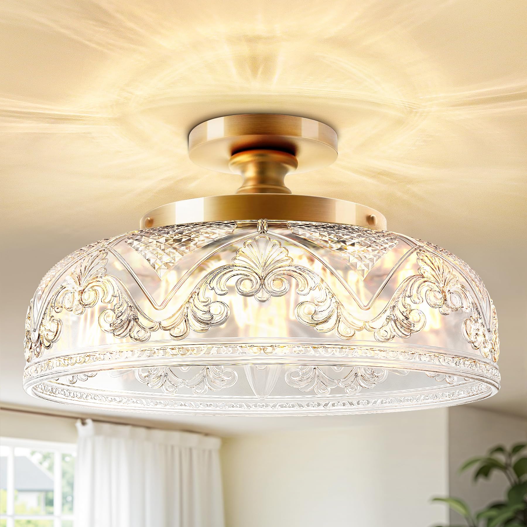Semi Flush Mount Ceiling Light 12 Inch Large Gold Ceiling Light Fixture 3-Light Globe Glass Farmhouse Kitchen Lighting