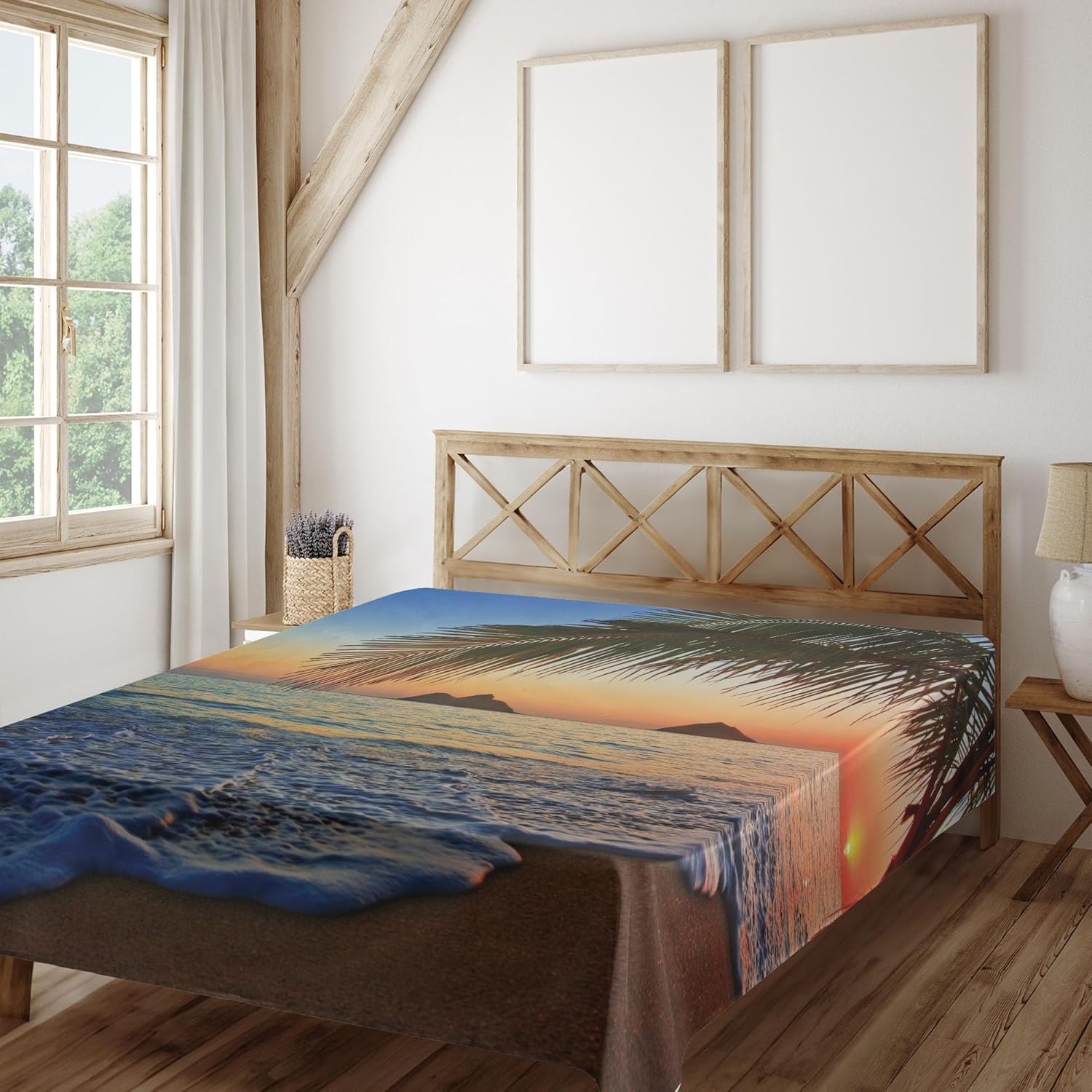 Ambesonne Hawaiian Flat Sheet, Pacific Sunrise at Lanikai Beach Hawaii Wavy Ocean Surface Colorful Sky Scene, Soft Comfortable Top Sheet Decorative Bedding 1 Piece, Queen Size, Blue Ivory
