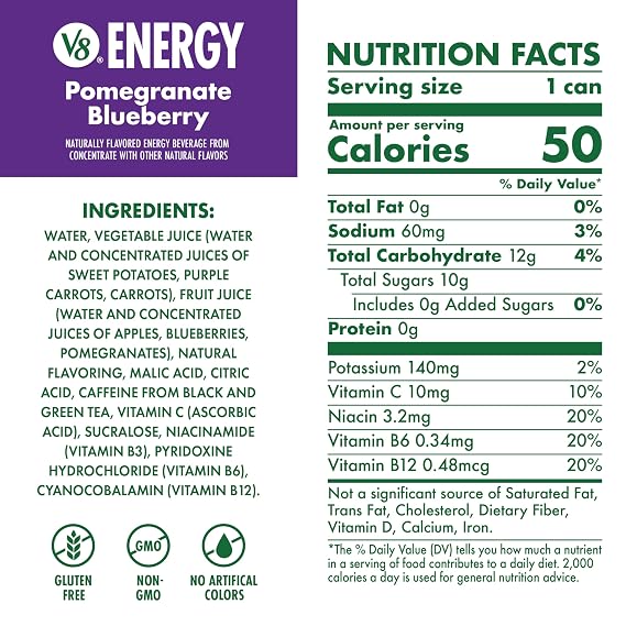 V8 Energy Pomegranate Blueberry Energy Drink, 8 fl oz Can (Pack of 4)
