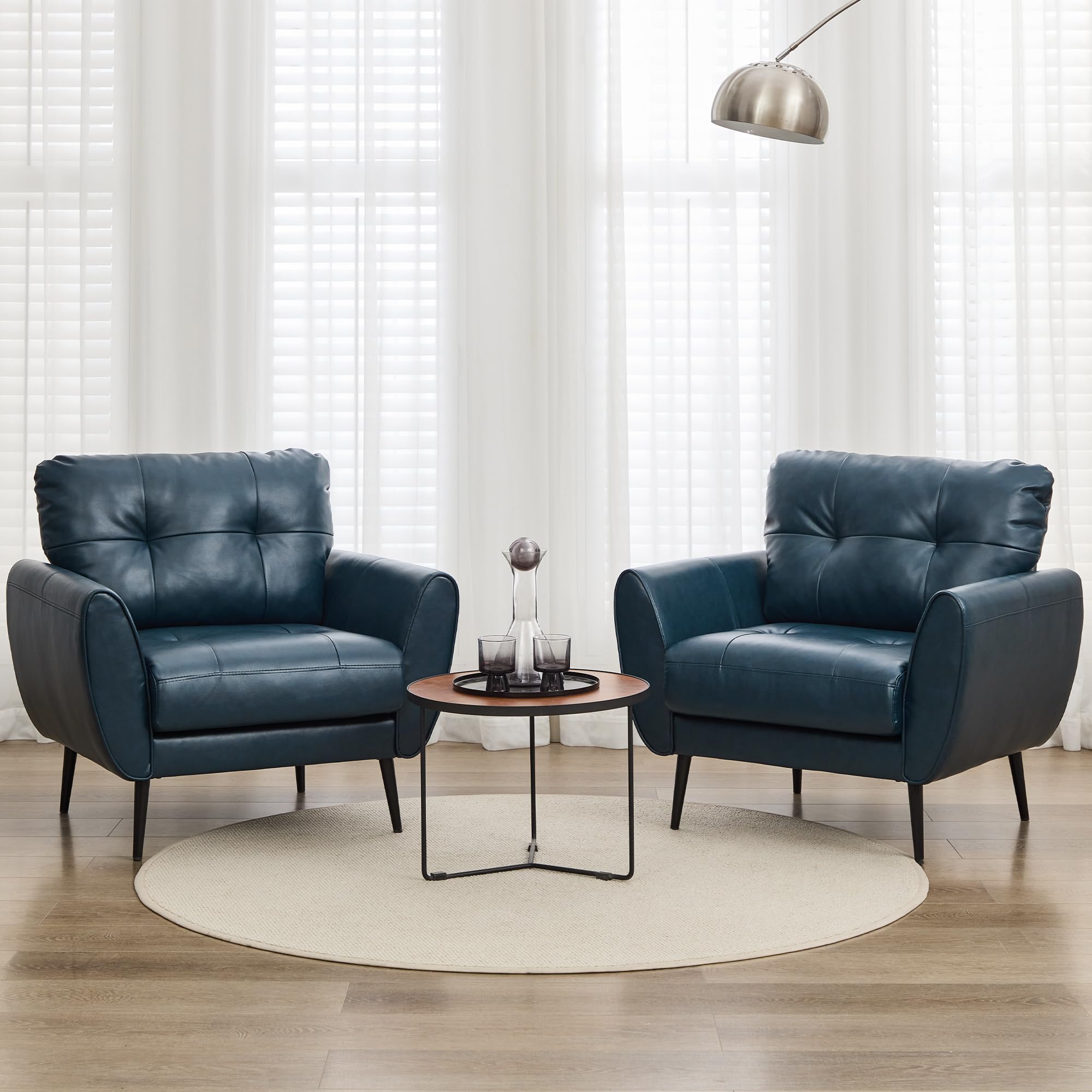 TYBOATLE Accent Chairs Set of 2, Comfy Modern Living Room Blue Faux Leather Reading Accent Chairs Tufted Mid Century Arm Chair Small Salon Chair for