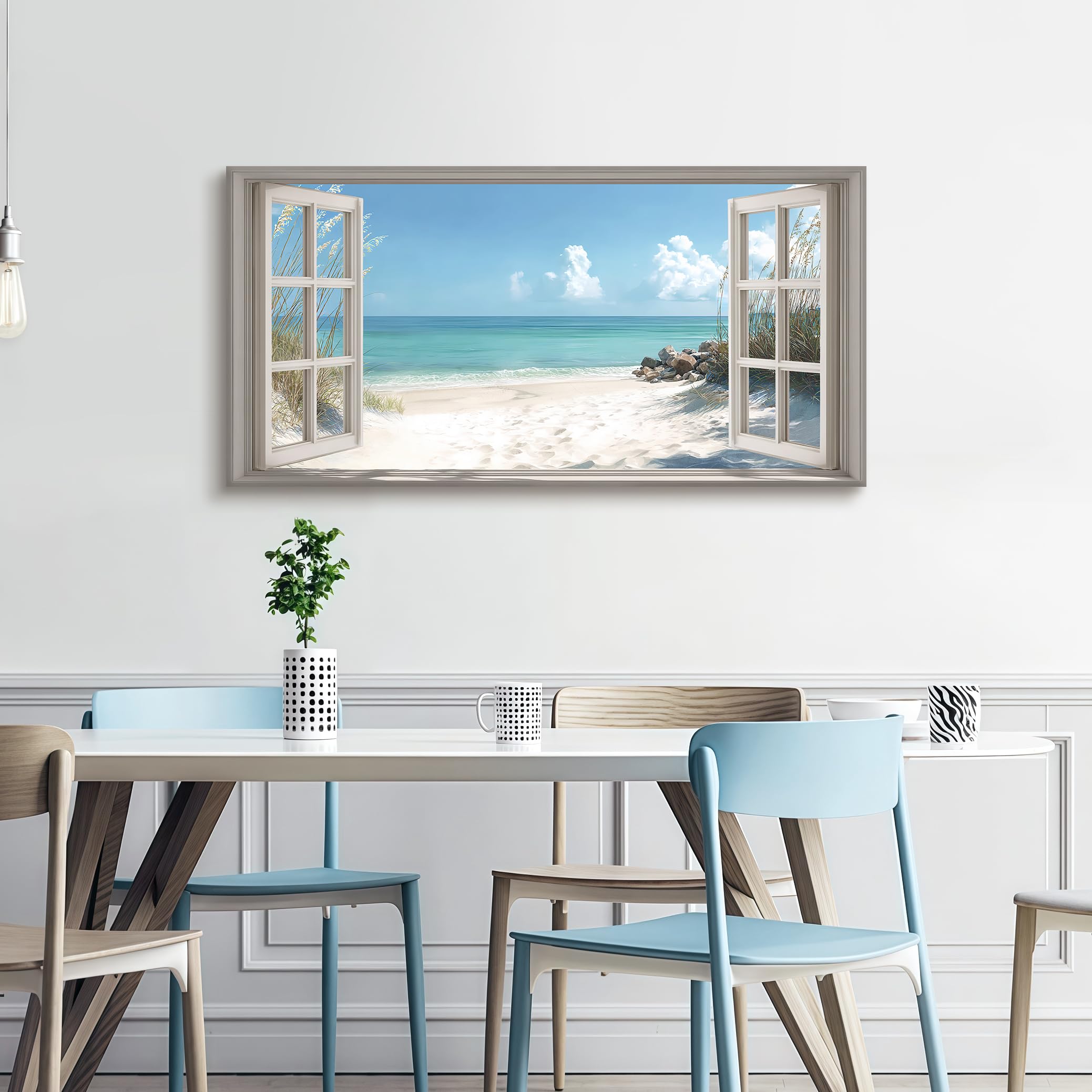 Playa Vista 3D Ventana Efecto Marco de Madera Cuadros Decoracion Salon Modernos Azul Costa Paisaje Pintura Lienzos Decor Natural Paisaje Cuadros Salón Pasillos Dormitorio Comedor Oficina 100x50cm