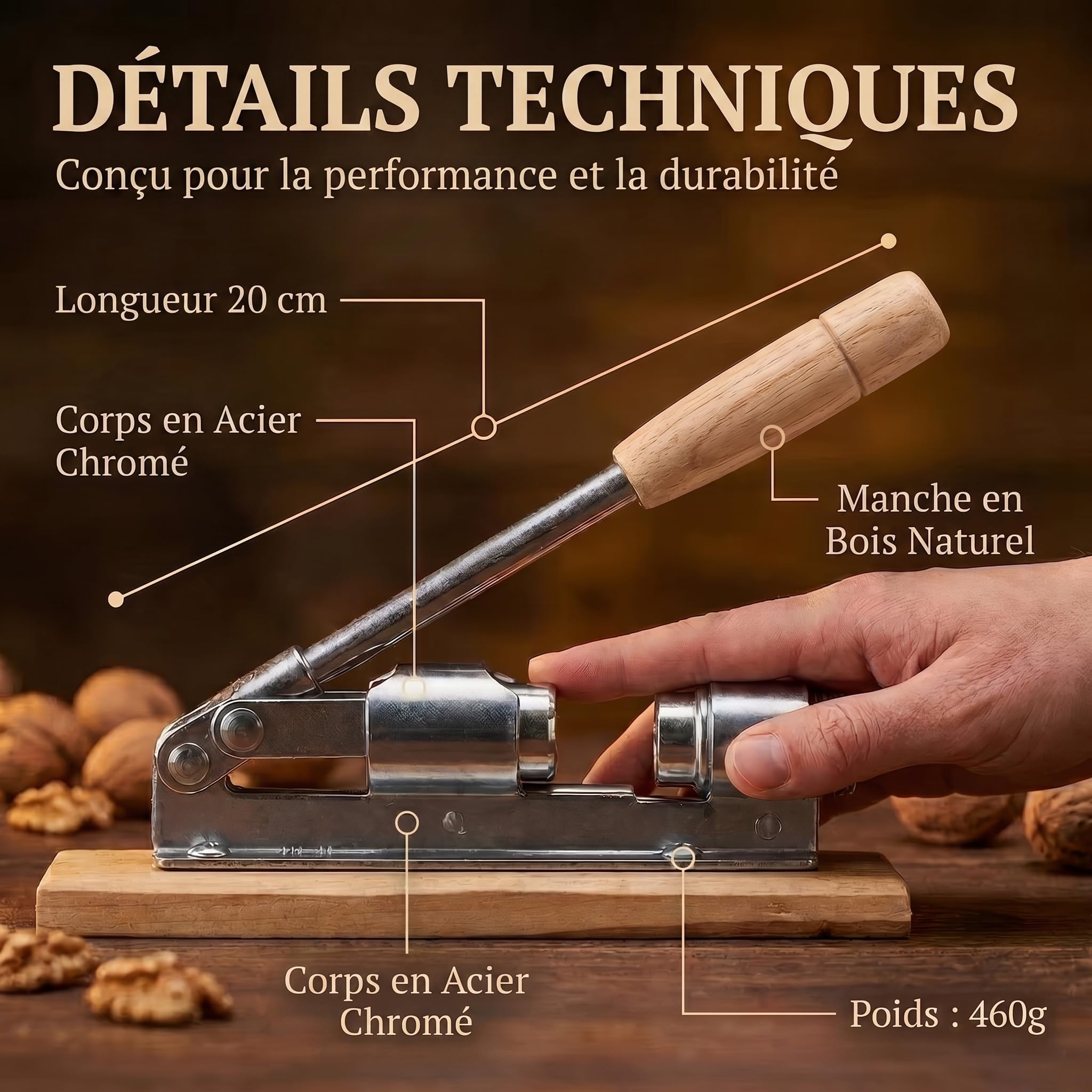 Casse-noisettes au design nostalgique Casse-noisettes en acier inoxydable avec fonction de levier ; ouverture des noix réglable en taille et en puissance.