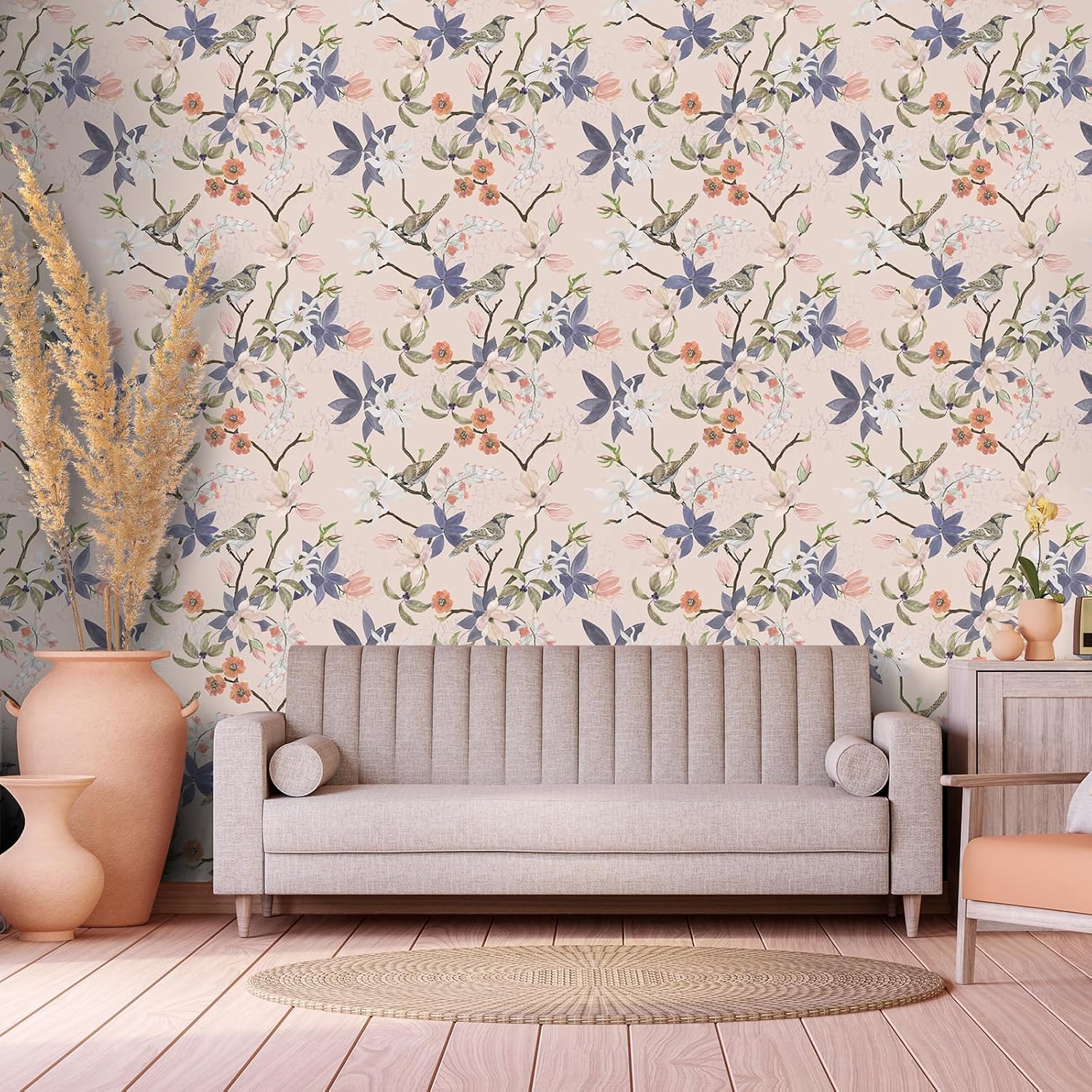 VaryStyle 17.7"x393" Aesthetic Pink Floral Wallpaper Peel and Stick Flower Tree Bird Floral Wallpaper Murals Pink Contact Paper for Shelves Walls Vinyl Temporary Wall Paper for Apartment Girls Bedroom