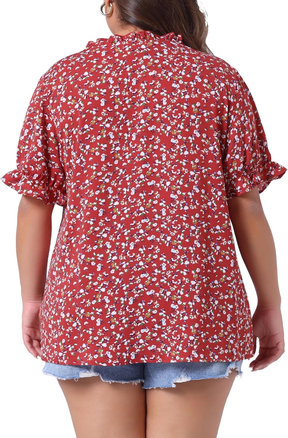 Agnes Orinda Plus Size Summer Tops for Women Floral V Neck Ruffle Puff Short Sleeve Casual Blouse Top - Image 4