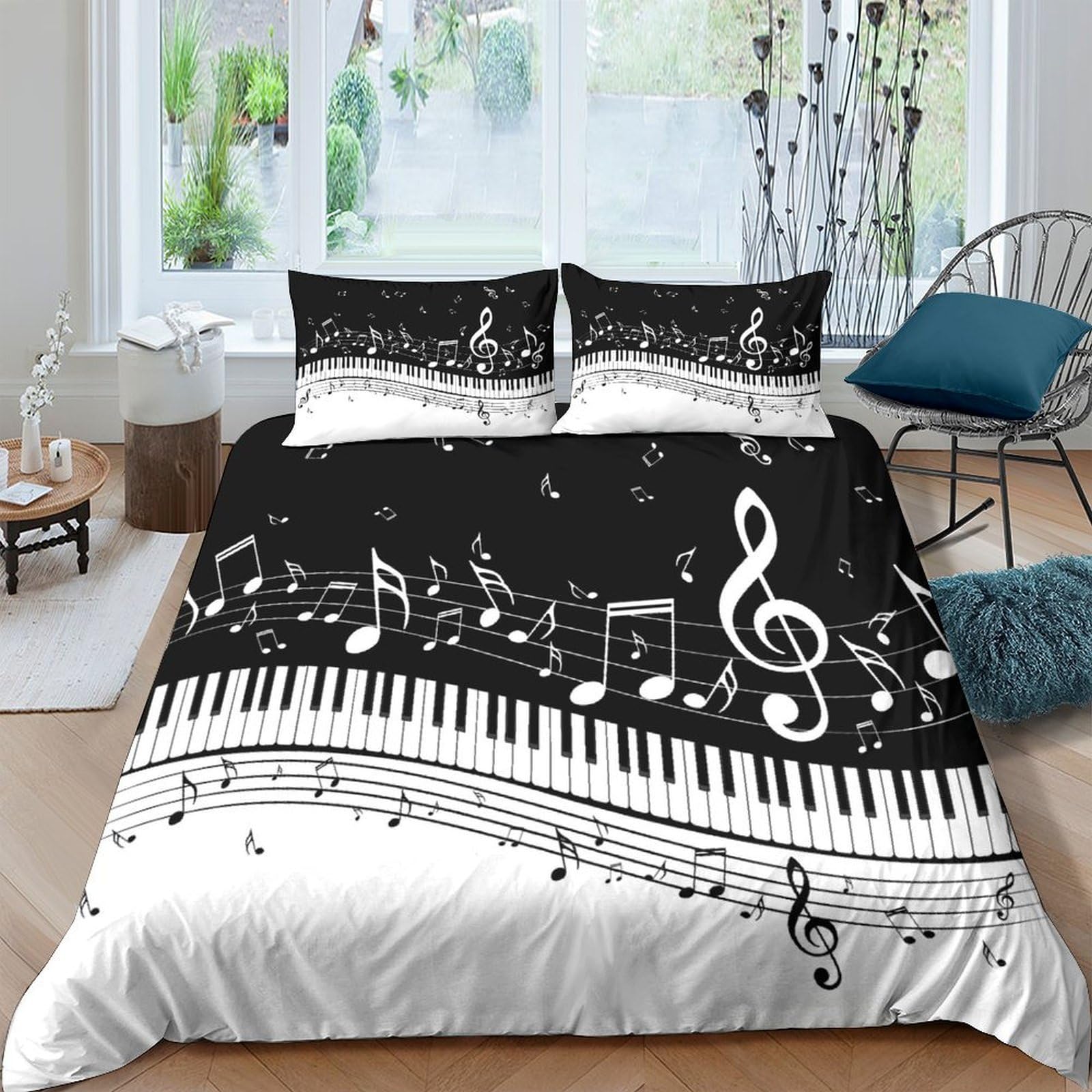 Ctjqhvkz Style-7 3D Printed Music Note Fitted Sheet Microfiber Soft Black White Piano Keyboard Bed Cover For Bedroom Dorm Mattress Decor Single（135X200cm）