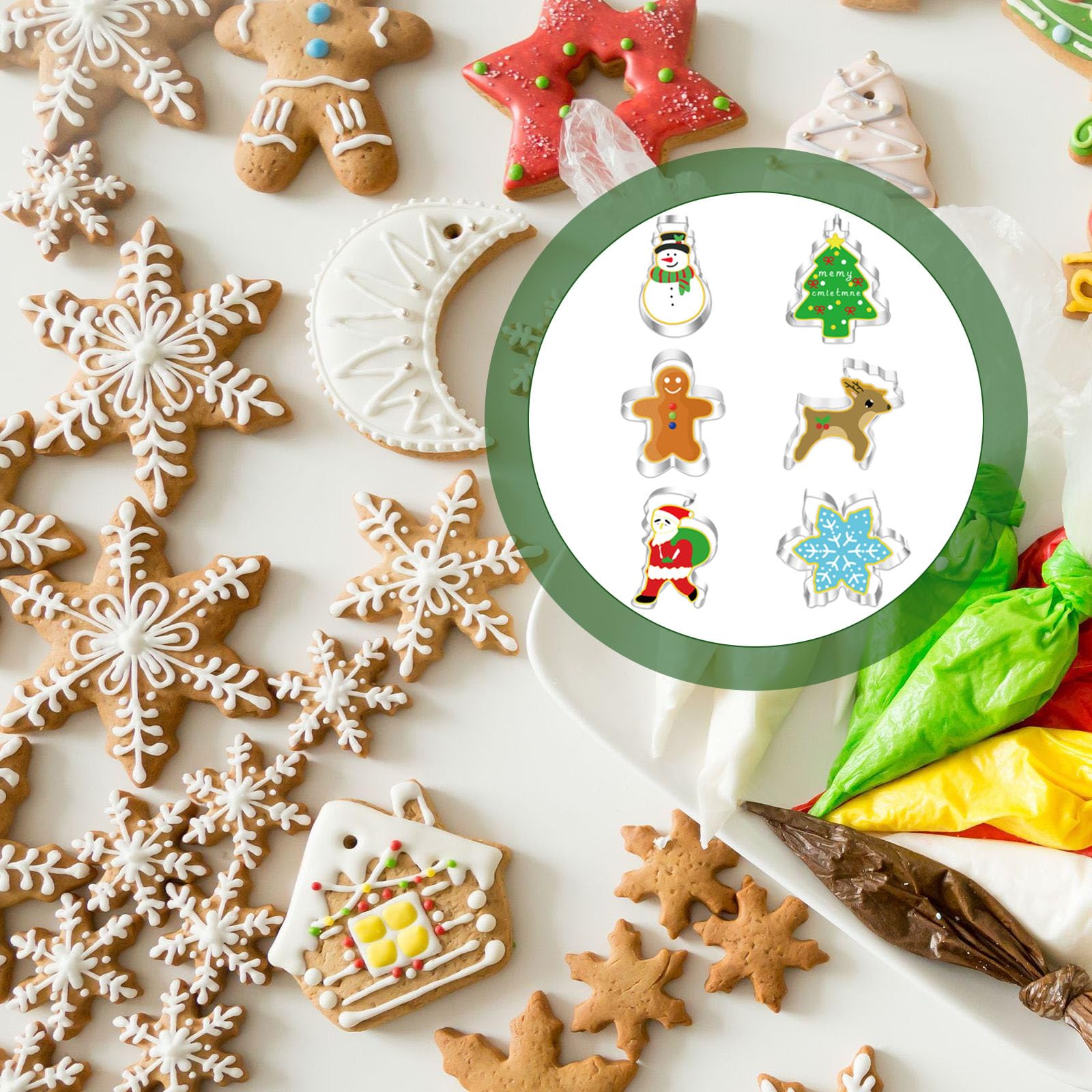 Set 6 Formine Per Biscotti Natalizie In Acciaio E Silicone, Motivi Babbo Natale, Renna, Albero - 2