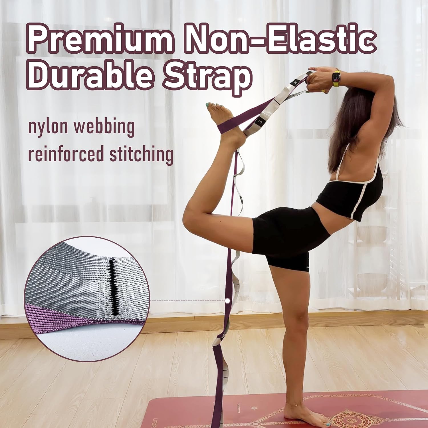 Stretch Bands for Exercise, Non Elastic Yoga Stretching Strap with Loops, 3.8cm x 2.45m, Stretching Bands for Physical Therapy, Yoga, Pilates, Dance, Gymnastics Exercise