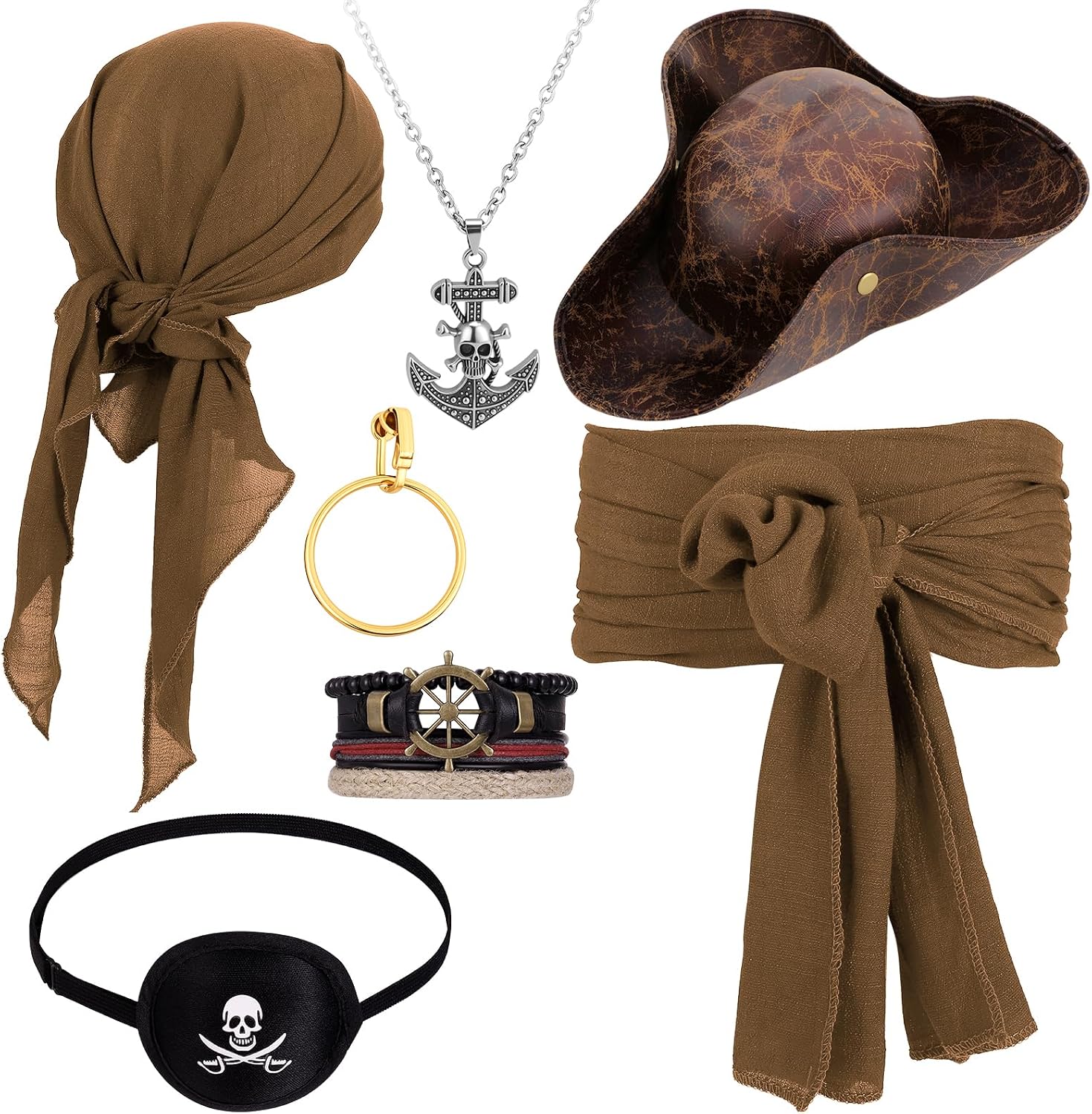 7 Pcs Pirate Hat Accessories Set for Women Men Tricorn Pirate Hat Bandana Belt Eye Mask Bracelet Necklace Earrings