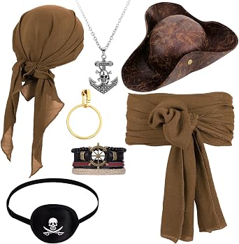 7 Pcs Pirate Hat Accessories Set for Women Men Tricorn Hat | Includes Bandana Belt Eye Mask Bracelet Necklace Earrings Costume Complete Set for Halloween Cosplay