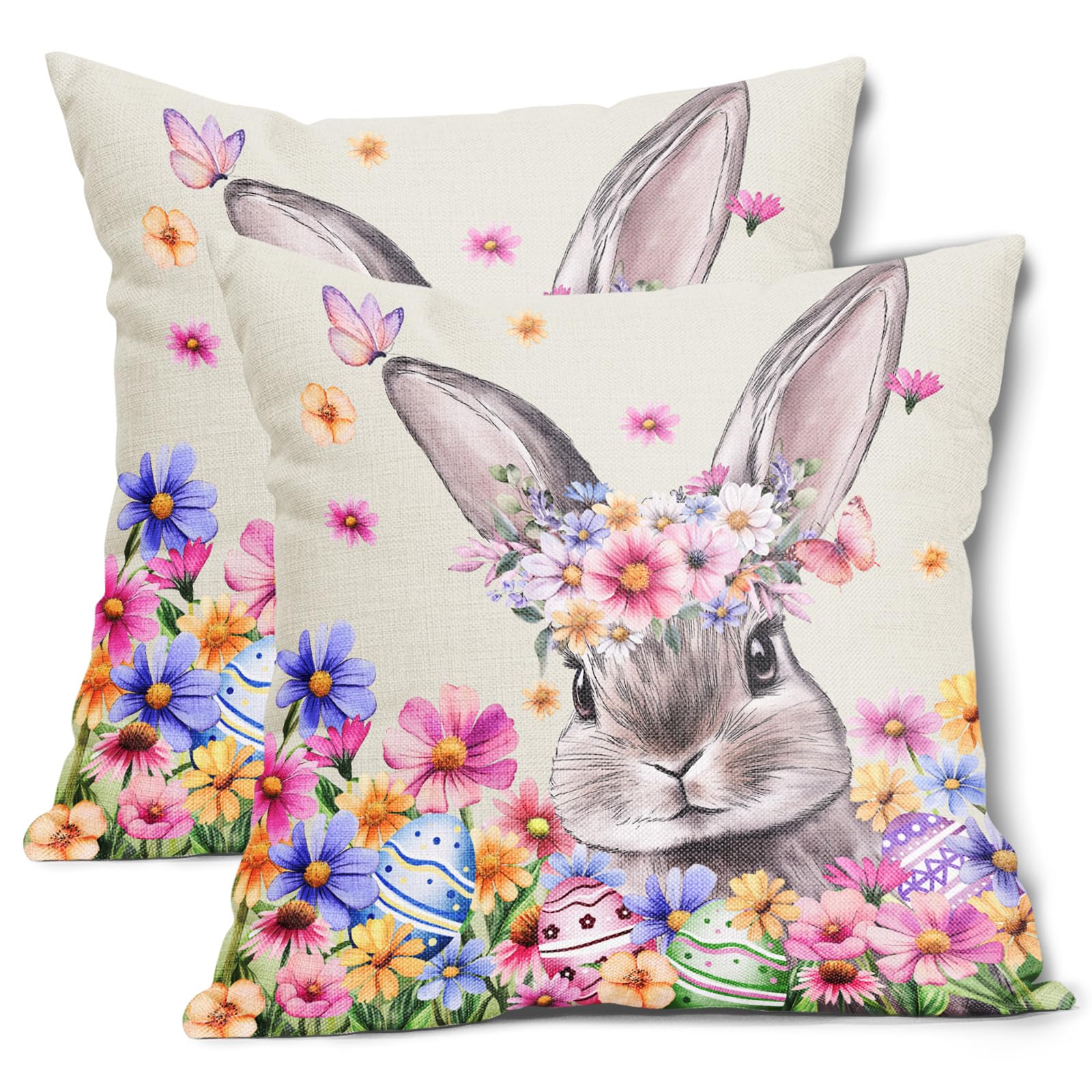 Easter Pillow Covers 16x16 Inch Set of 2 Rabbit Bunny Eggs Watercolor Pink Blue Floral Easter Themed Cotton Linen Decorative Throw Pillow Case Cushion Cover for Bedroom Sofa Living Room Couch Chair