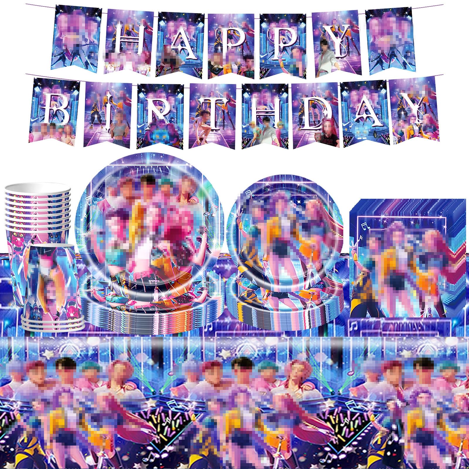 Demon Party Tableware Set Kids- KPop Birthday Decorations Girls Boys Party Supplies with Happy Birthday Banner ParTy Plates Tablecloth Napkins for K Pop Singer Idol Theme PaTty Decorations