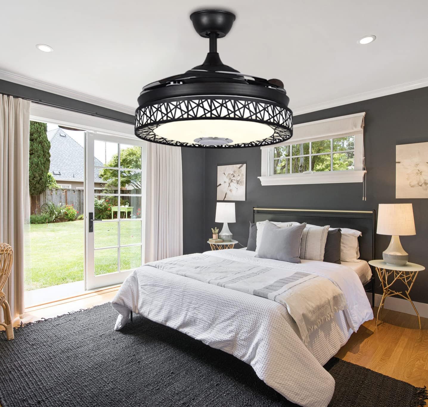 42" Modern Ceiling Fan with Lights,3 Colors 3 speeds Chandelier Invisible Gold Bird Nest Fandelier with Bluetooth Speaker and LED Lamps for Bedroom Living Room (Black)
