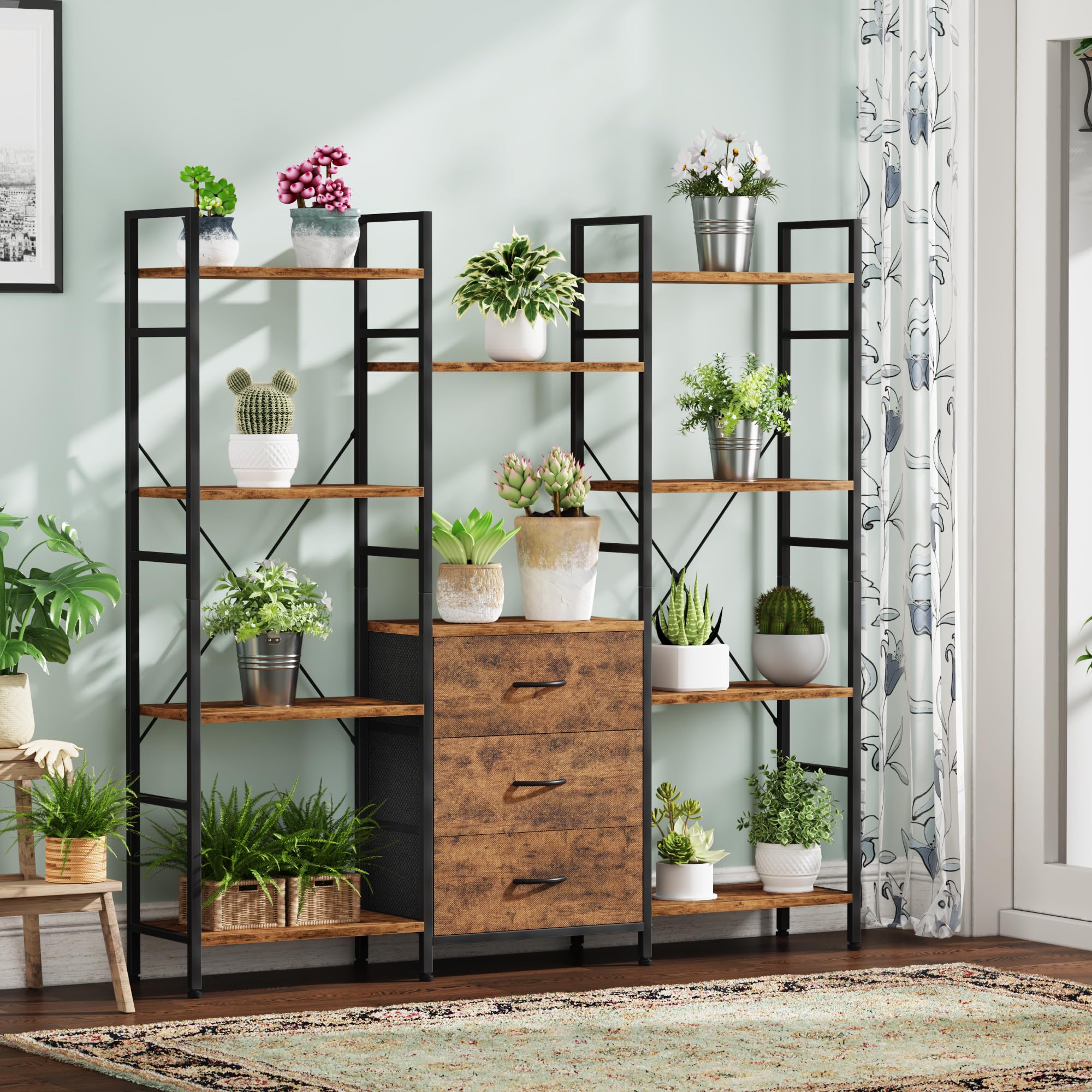 Libreria 100W x 142Hcm 4 Ripiani con 3 Cassetti, Marrone Rustico | Scaffale Librerie, Tessuto Cassetti, Scaffale Portaoggetti per Soggiorno, Camera da Letto, Cameretta