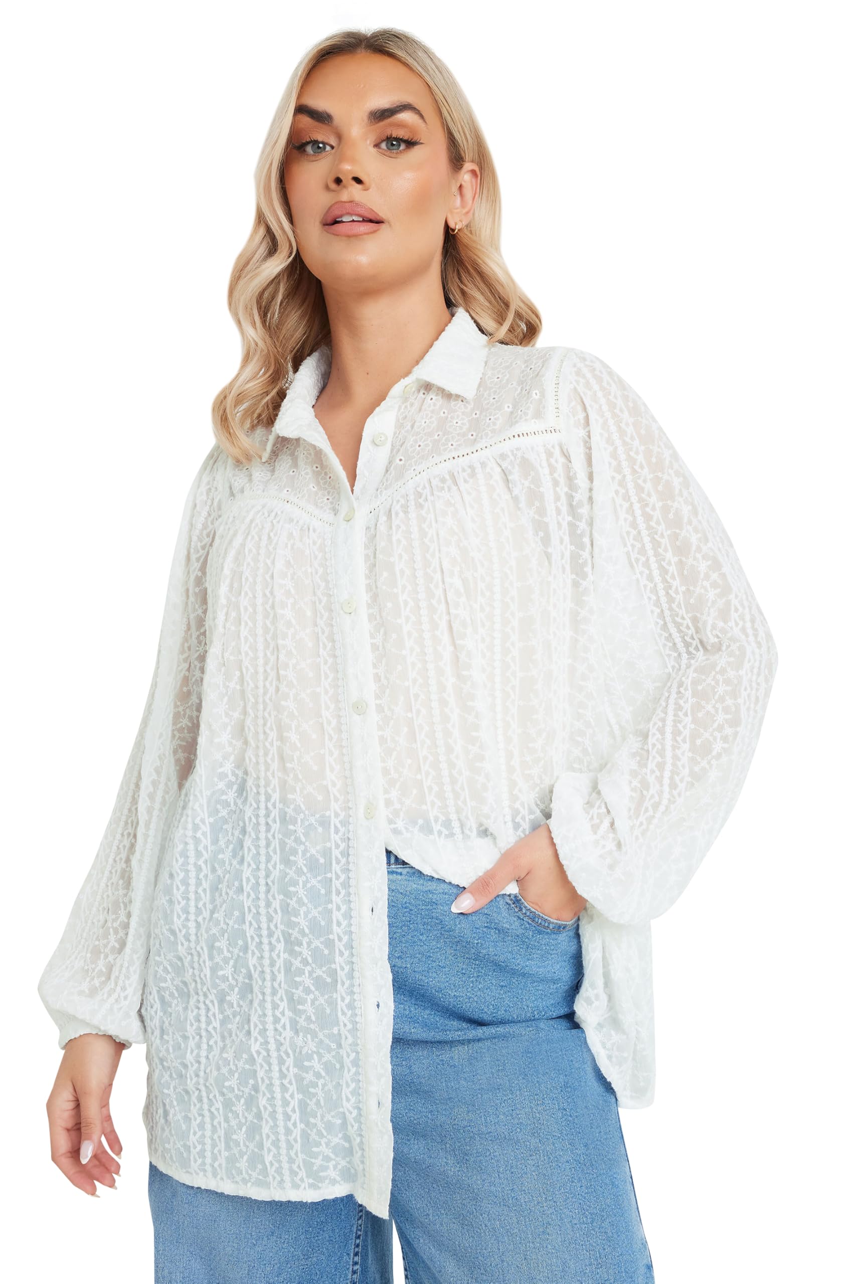 Yours Women's White Long Sleeve Embroidered Shirt In Size 26-28