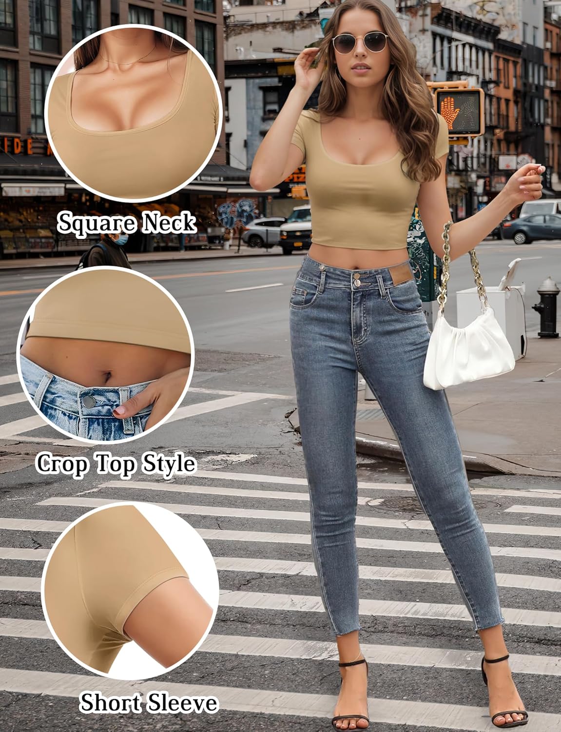 Short Sleeve Square Neck Crop Top for Women Soft Workout Shirt Going Out Tops Sexy Slim Fitted Casual Base Layer Lightweight - Image 5