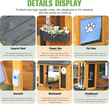 Jocoevol Kids Outdoor Playhouse, Cedar Wooden Kids Playhouse with Play Kitchen, Pet Door, Sink, Stove, Cookware, Windows, Flowerpot Holders, Ringing doorbell, Cottage Play House for Backyard