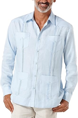 Cubavera Camisa Guayabera de manga larga con cuatro bolsillos para hombre, 100 % de lino, detalle de pinzas, ajuste relajado (Disponible en tallas