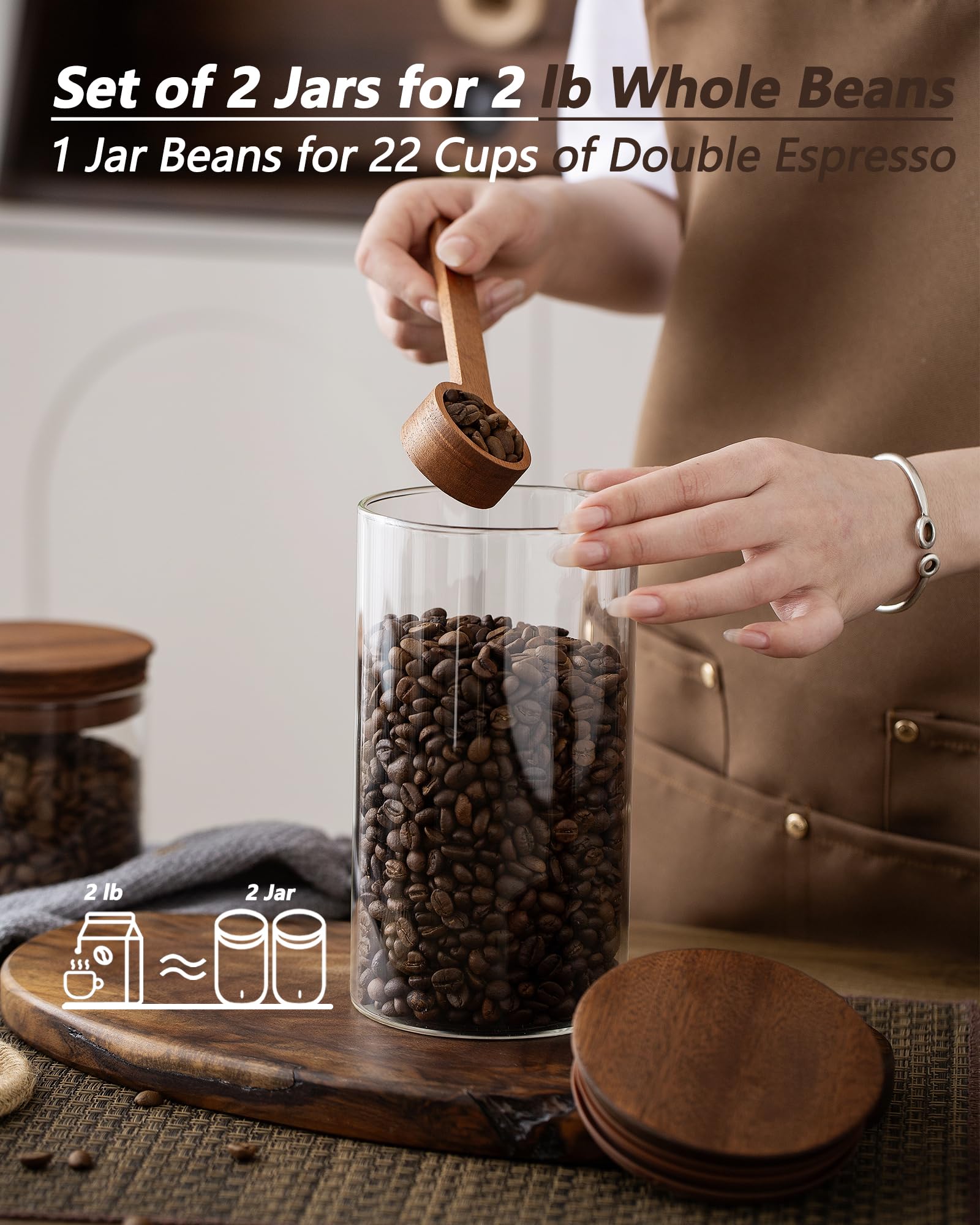 1100 ml Kaffeedose mit Schaufel und Holzdeckel, luftdichter Kaffeesatzbehälter, 2er-Set, Glas-Vorratsdose für Cafébohnen, Aufbewahrungsbar, Bar-Organizer