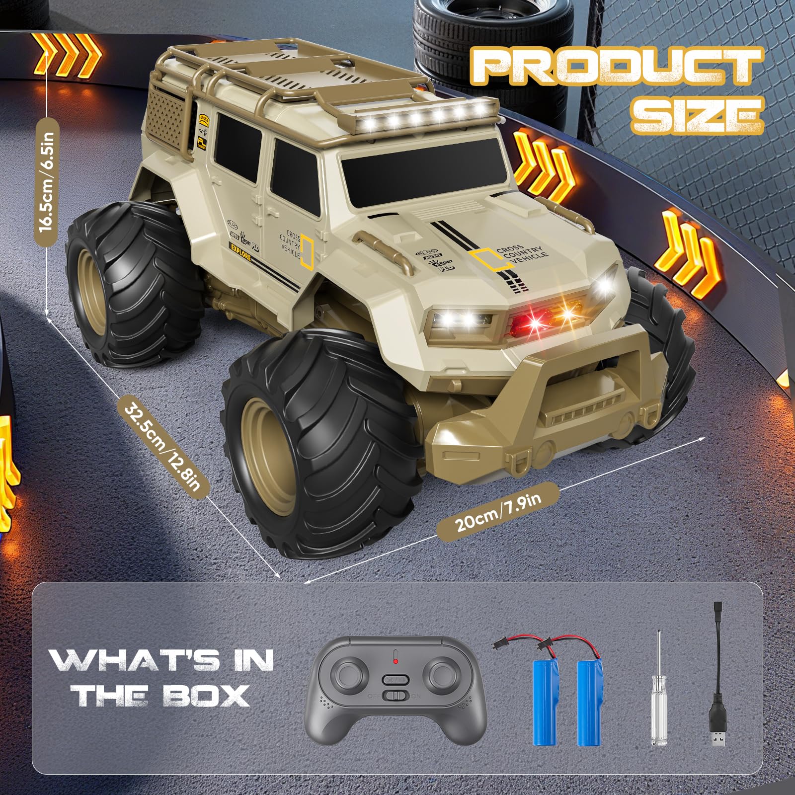 1:14 Coche Teledirigido, 2,4 GHz RC Monster Truck con Luces LED, 4 WD Todo Terreno Stunt Coche, Monster Truck Teledirigido Perfecto Regalo para Niños (Caqui)