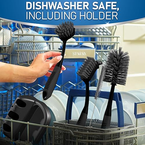 Miniatura 7 de Juego de 5 cepillos para platos con práctico soporte, cepillo de agua para botellas, cepillo para fregar platos, cepillo para fregar y cepillo para