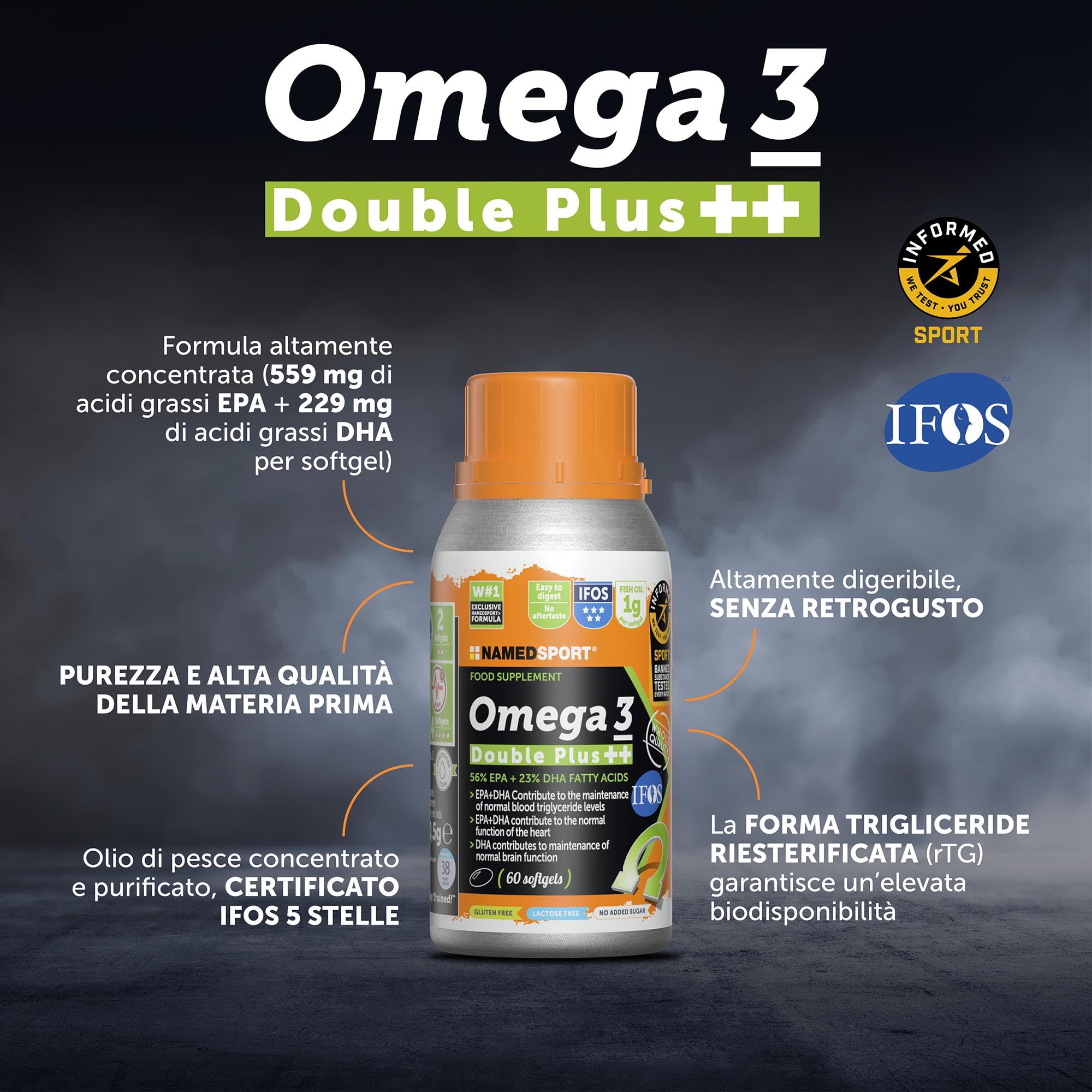 NAMEDSPORT Omega 3 Double Plus | Integratori Omega 3 Alta Concentrazione EPA + DHA da Olio di Pesce Purificato | Certificato | Supporto per Cuore, Cervello, Vista | 90 Softgel 2 Confezioni (30+60)