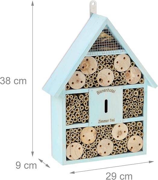 Relaxdays Hotel for Insects, Bees and Wasps, Garden, Balcony, Wooden and Bamboo, HxWxD: 38 x 29 x 9 cm, Blue - 4