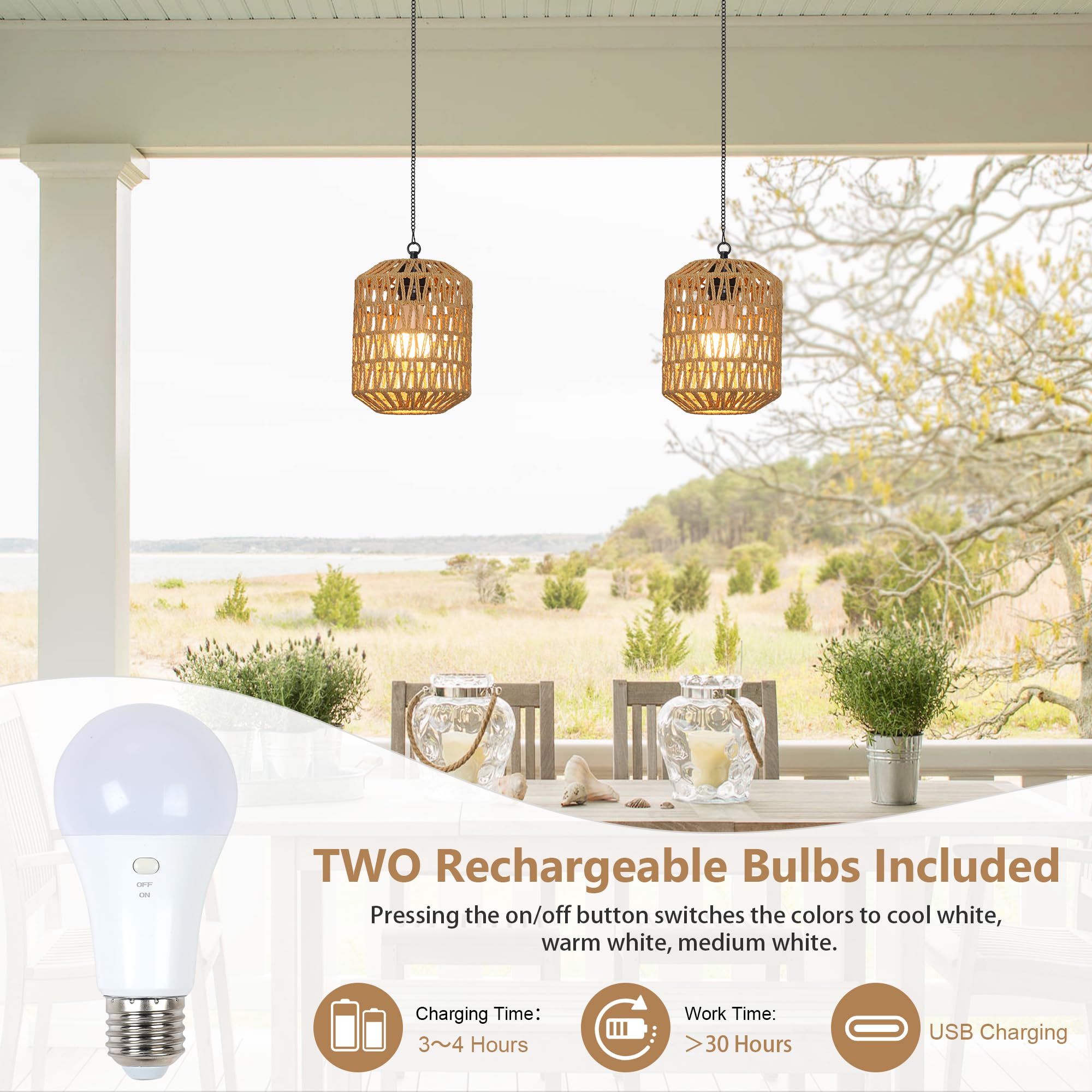 Rayofly 2 Pezzi Lampada a Sospensione Ricaricabile per Interni, Luce a Pendente Boho con Batteria, Lampada Pendente in Rattan senza Attacco Elettrico, Luci da Parco per Esterni con Bulbo e Telecomando