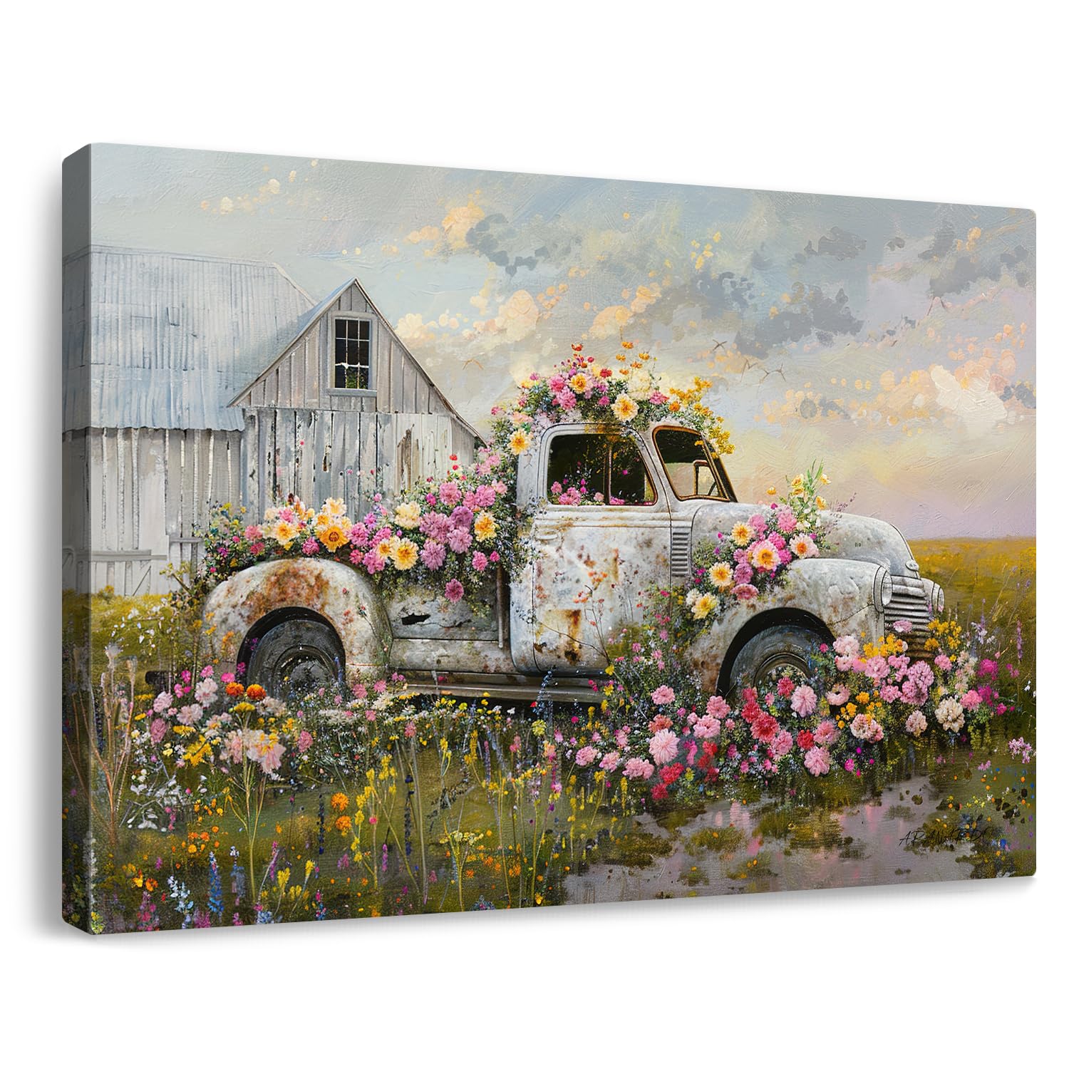gaosoul Farmhouse Blue Truck Canvas Wall Art Rustic Old Barn Wall Decor Countryside Flowers Field Landscape Painting Prints for Bedroom Living Room