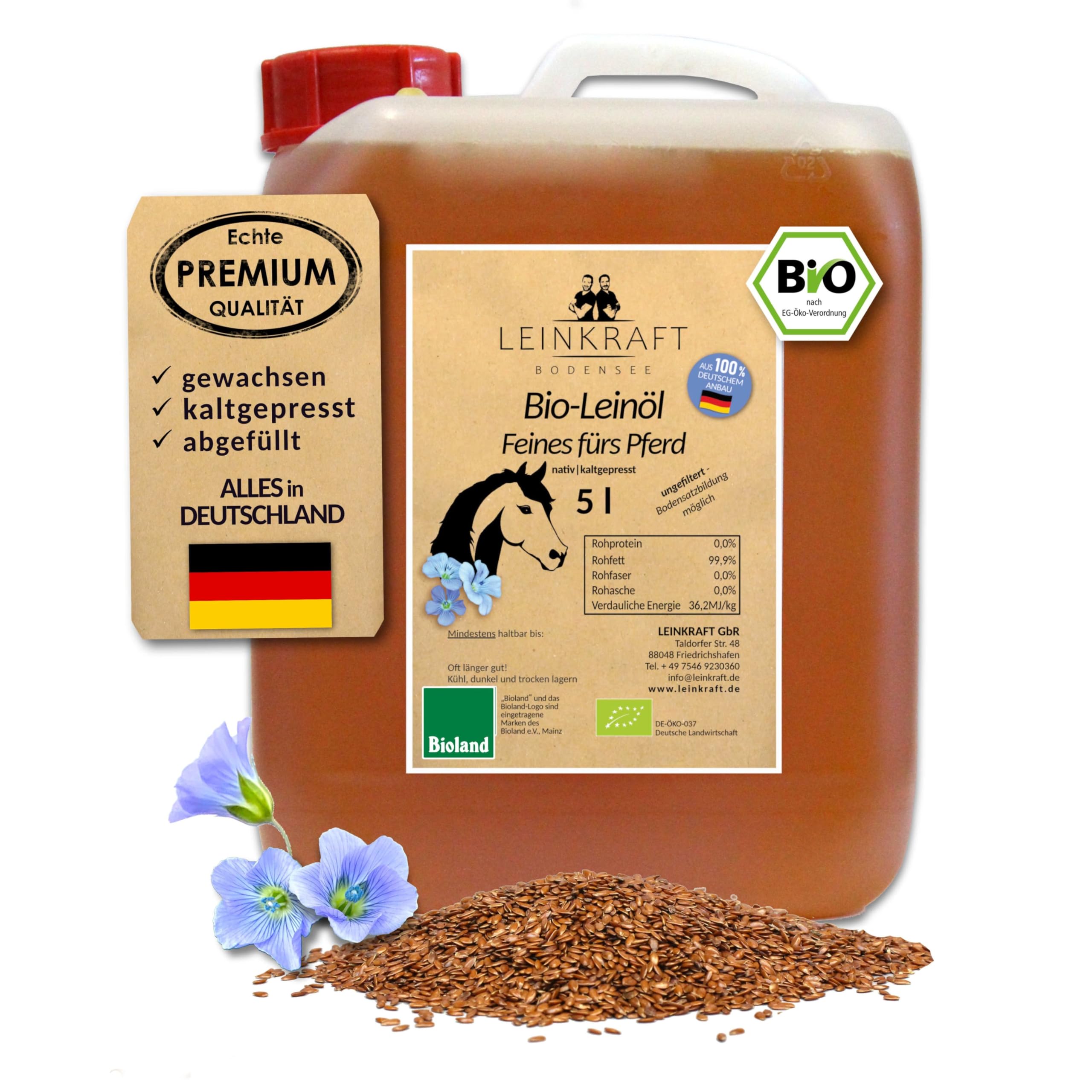 Leinkraft Bio-Leinöl 5L für Pferde naturbelassen kaltgepresst für Hunde & Katzen reich an Omega-3 - Leinsamenöl aus Deutscher Bio-Leinsaat