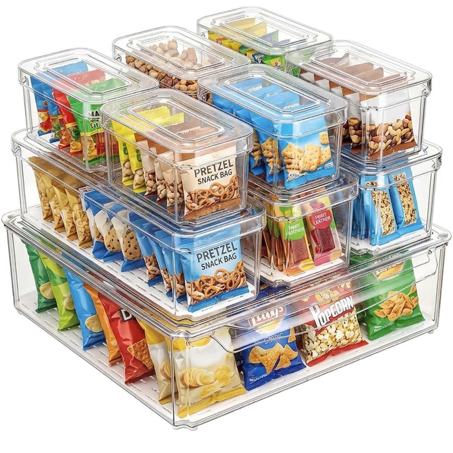 KUMD paquete de 10 Organizador Nevera, contenedores apilables con tapa, transparentes y sin BPA para guardar frutas, verduras, alimentos y bebidas.