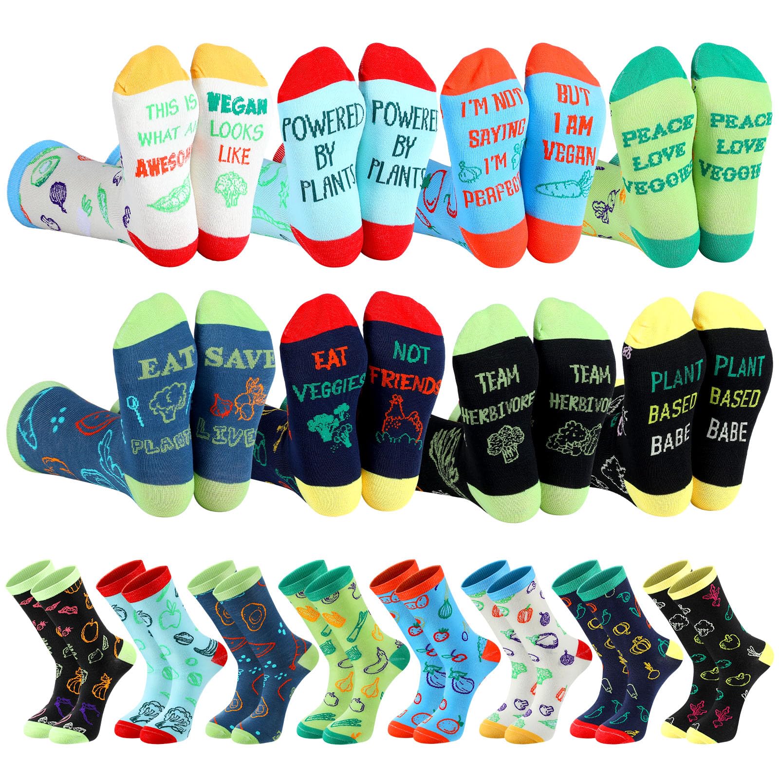 Coume 8 Pairs Funny Vegan Gifts Ideas Funny Women Vegan Socks Novelty Vegetable Fruit Pattern Crew Socks Vegetarian Gifts for Women Men, Color, 6-13