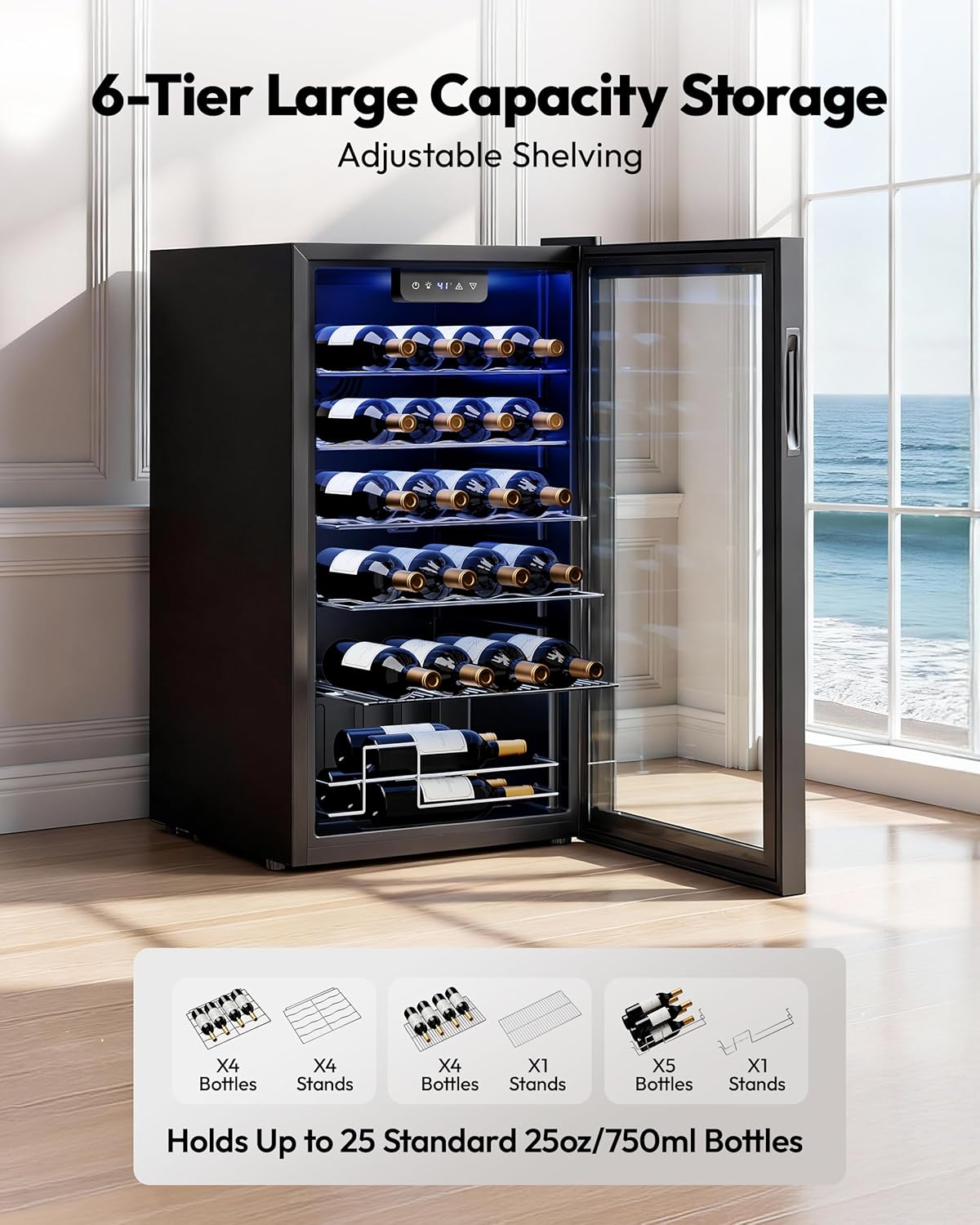 EUHOMY wine cooler with its door open, revealing six tiers of storage for wine bottles and a diagram showing bottle configurations