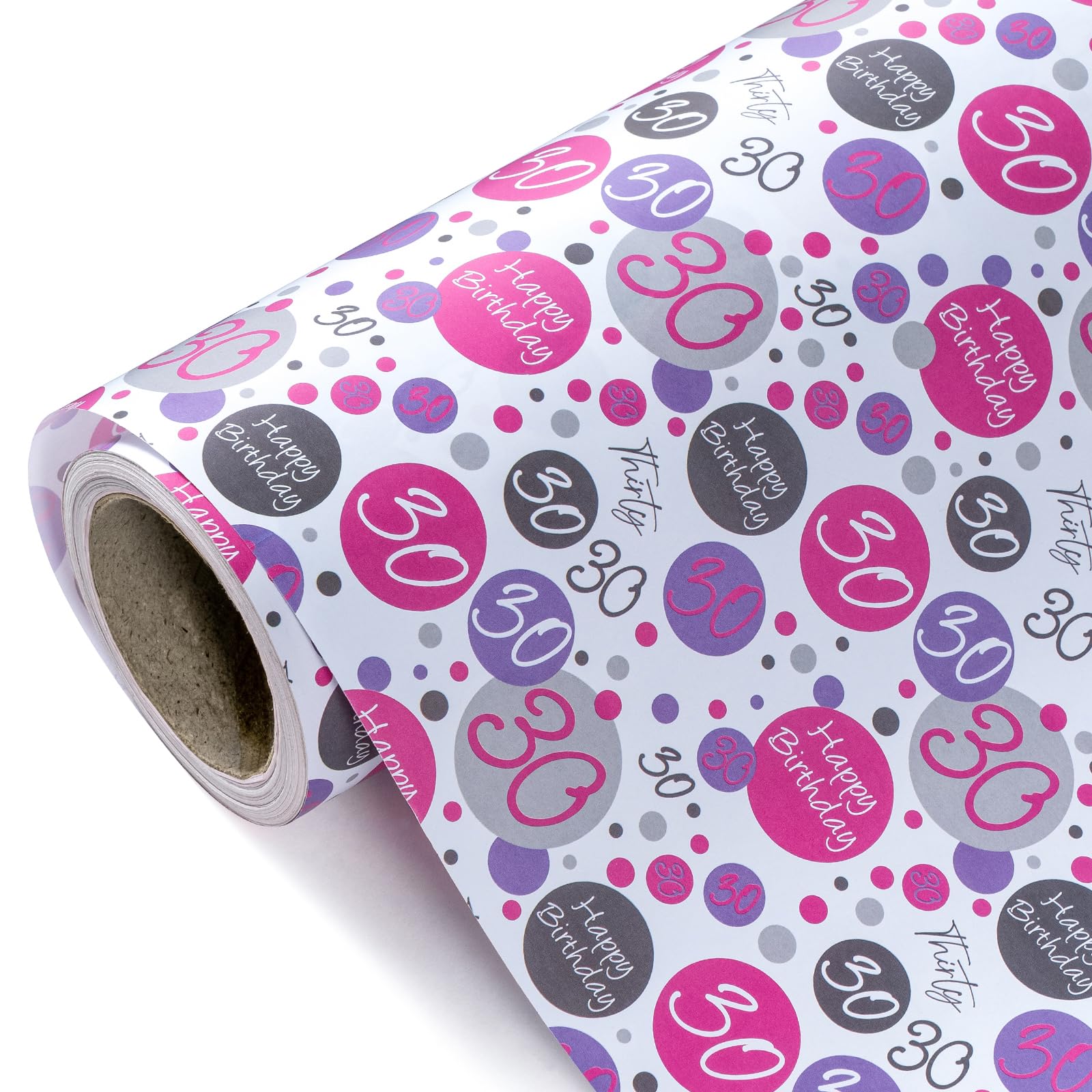 WRAPAHOLIC 30th Birthday Wrapping Paper - Mini Roll - 17 Inch X 33 Feet - Pink 30th Birthday Design for Birthday, Party, Holiday