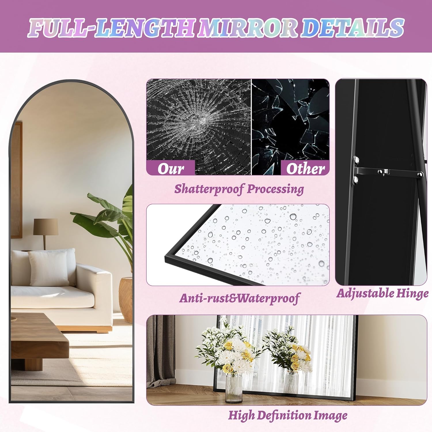 Arched Floor Mirror, 58"x18" Full Length Mirror - Freestanding Full Body Mirror with Stand for Bedroom or Living Room (Black)