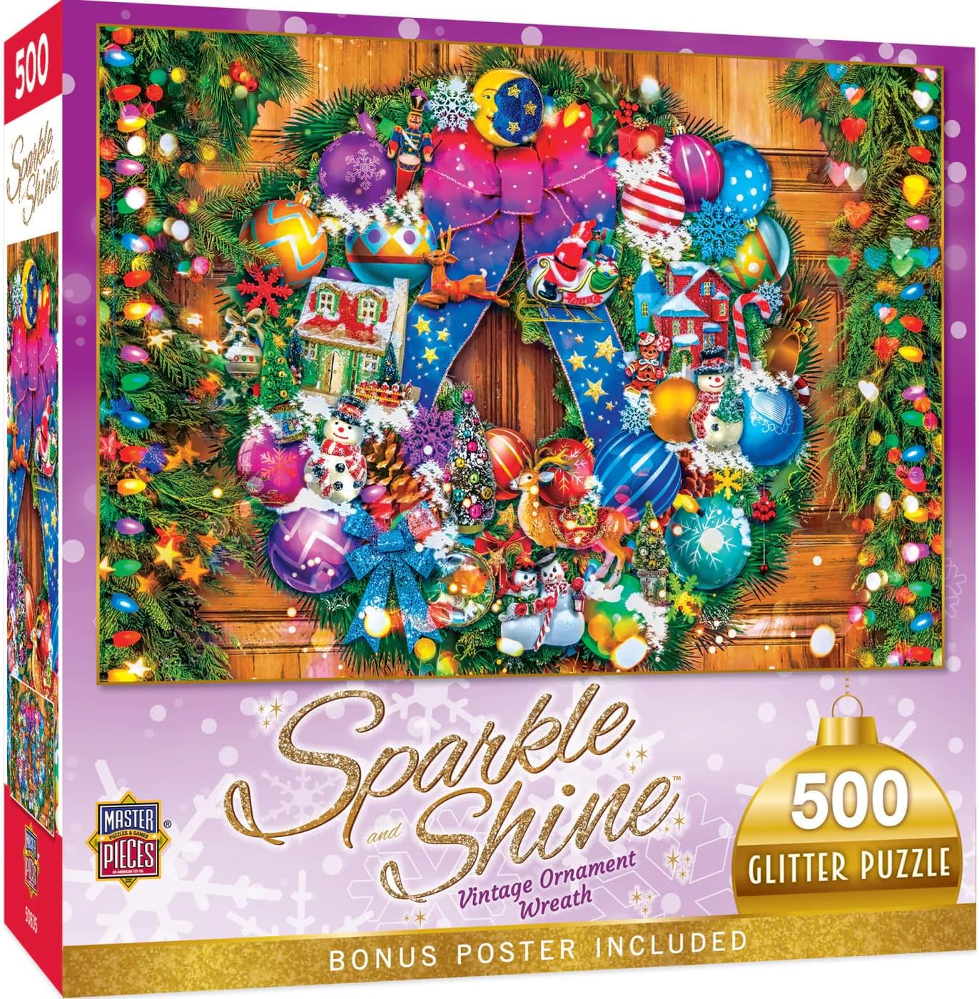 MasterPieces Holiday - Vintage Ornament Wreath 500pc Glitter Puzzle - Jigsaw Puzzle with Vibrant Artwork and Durable Pieces - Fun Family Activity, Brain Challenge, and Educational Entertainment