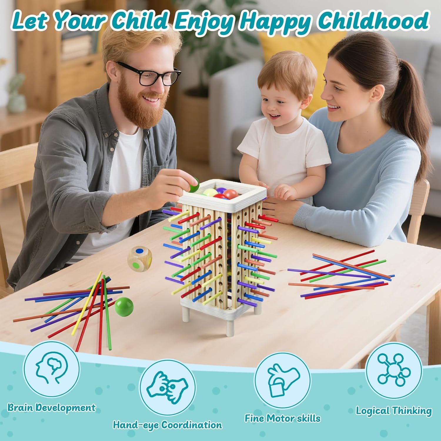 Montessori Game Wooden Board Game, 42 Colorful Wooden Sticks Dice Game Math Learning Toys for 3 4 5 6 Year Olds, Fine Motor Skill Toy for 3+ Year Olds Girls Boys,Family Game Travel Toys Gifts for Kids