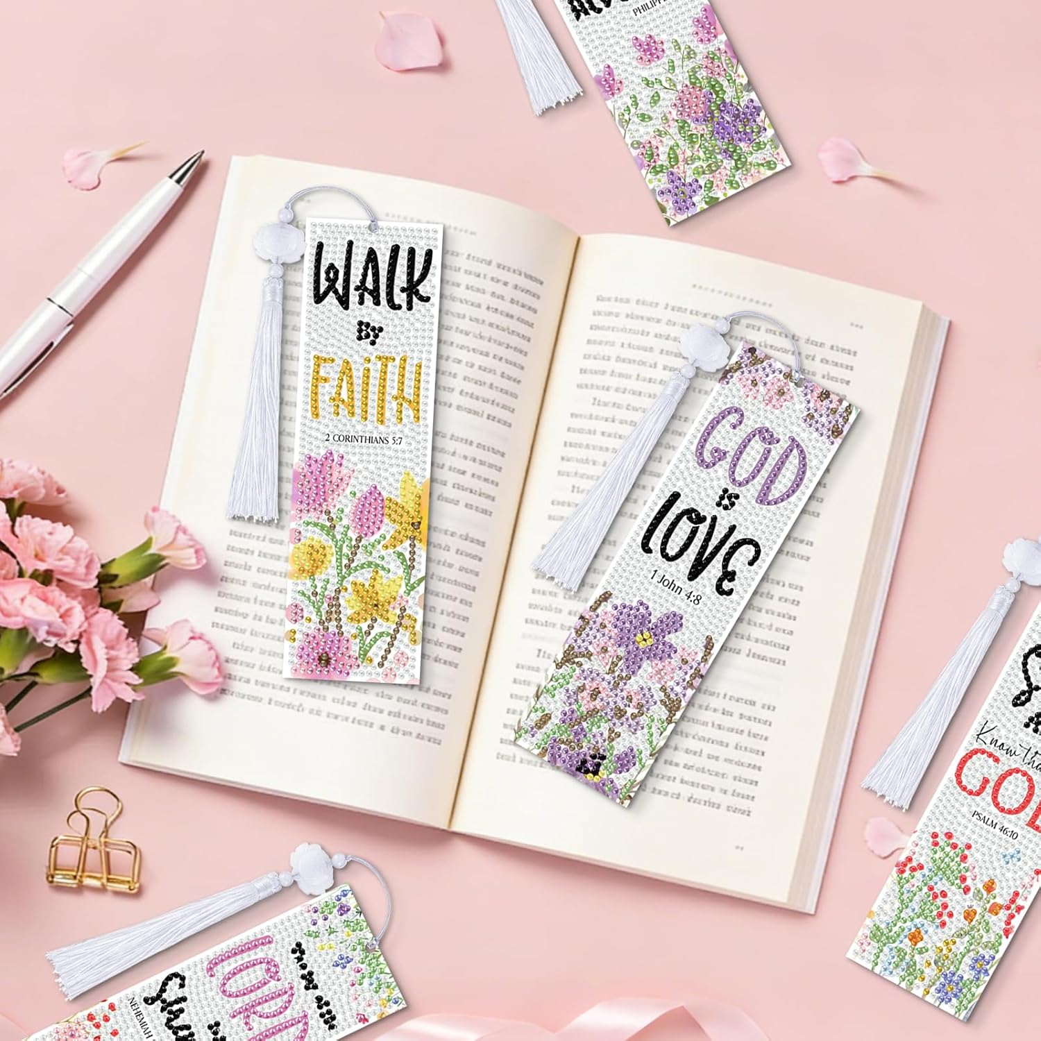 8 Pieces Christian Bible Verse Diamond Art Bookmarks 5d Christian Beaded Bookmark Acrylic Tassel Bookmark for DIY Making Beginners Kids Adults Arts Craft Supplies (Christian-1)