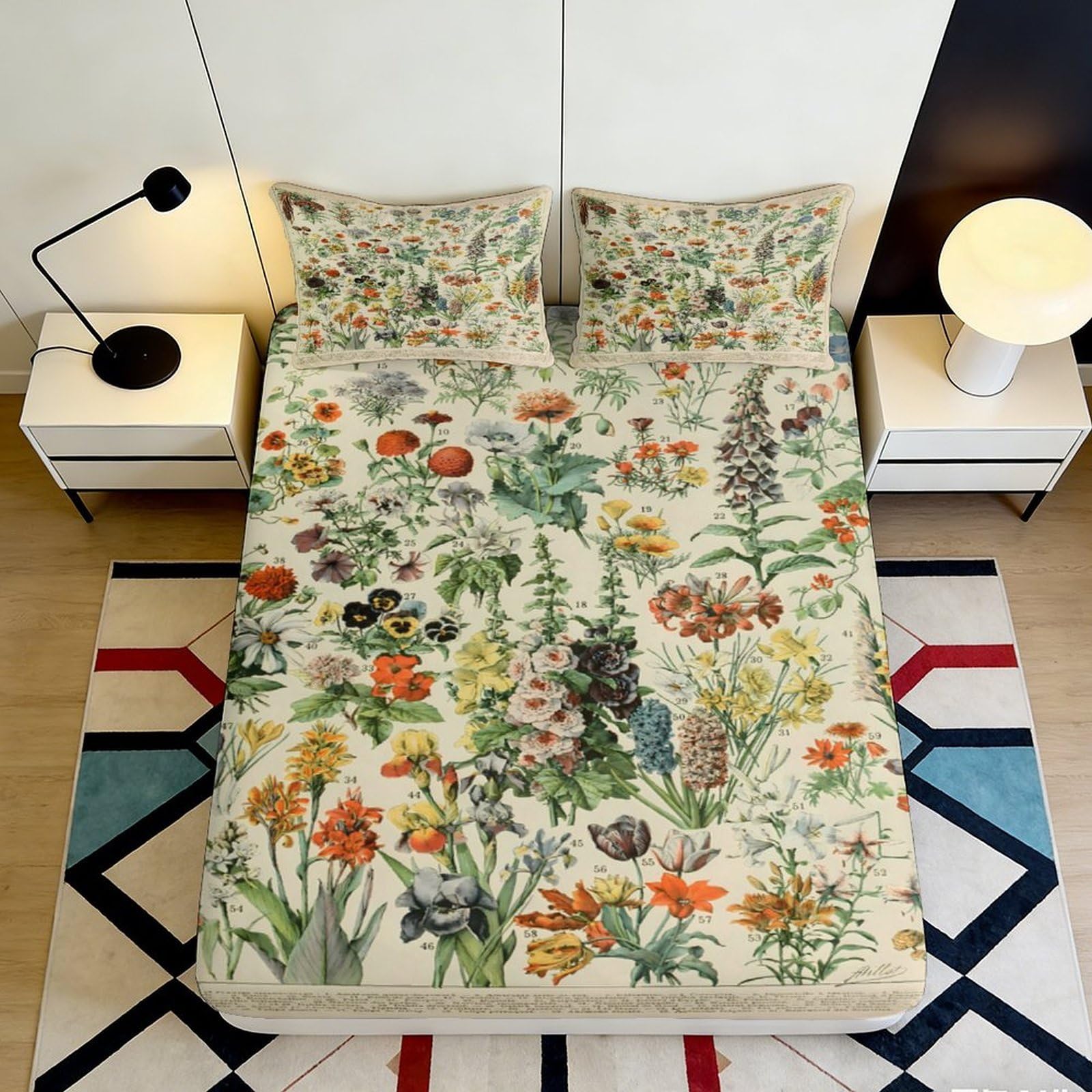 3D Printed Botanical Flower Fitted Sheet Microfiber Anti-slip Machine Washable Floral Mattress Cover Bedroom Decor 120x200x25cm