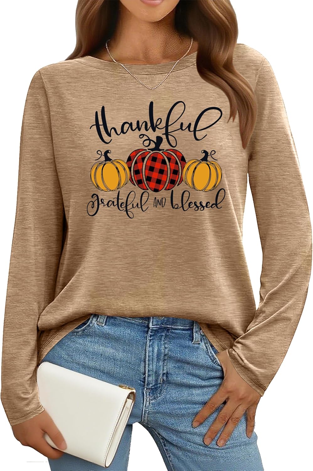 Thanksgiving Shirts for Women: Thankful Grateful Blessed Pumpkin T-Shirts Fall Long Sleeve Pullover Tops