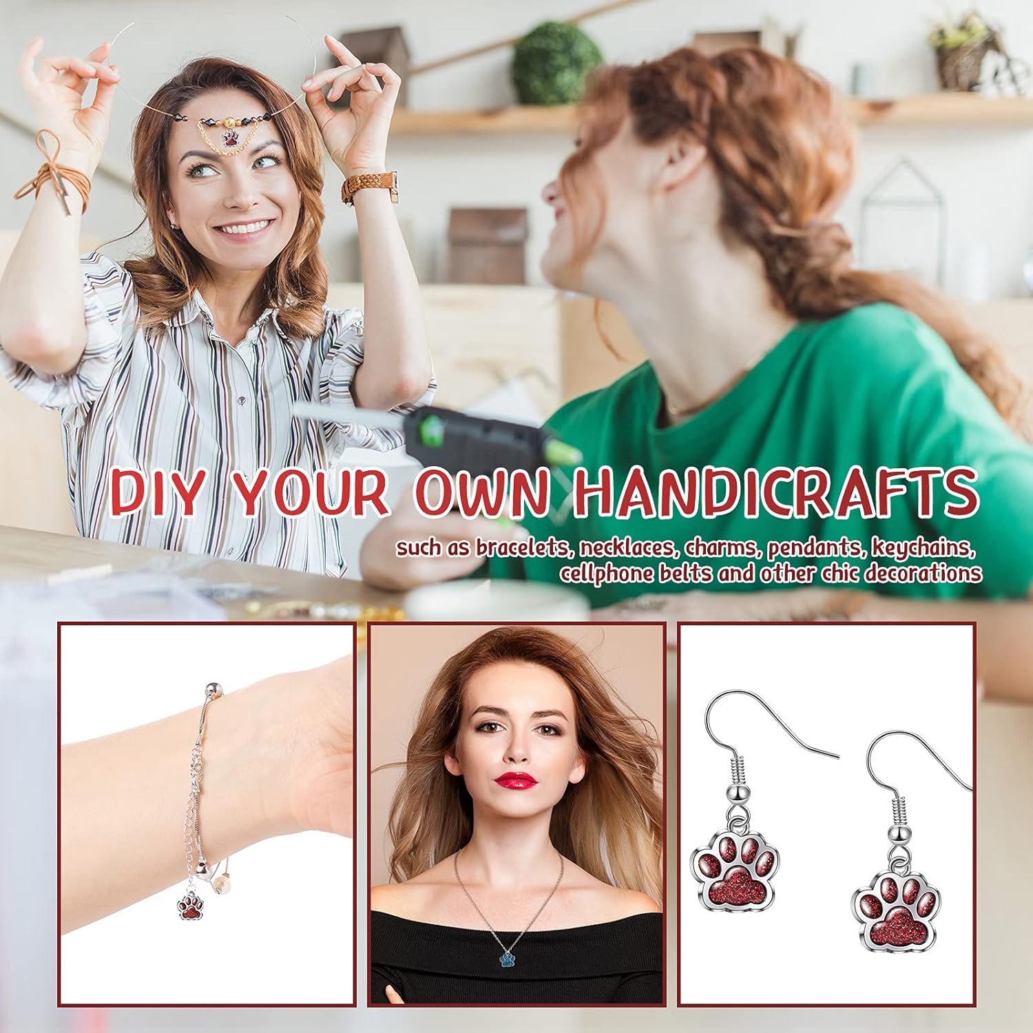 Hicarer 80 Pieces Dog Charms for Jewelry Making Animal Cat Dog Paw Charms Pendants Crystal Beads Glitter Footprint Jewelry Findings DIY Necklace Bracelet, 8 Colors(Glitter Style) - Image 3