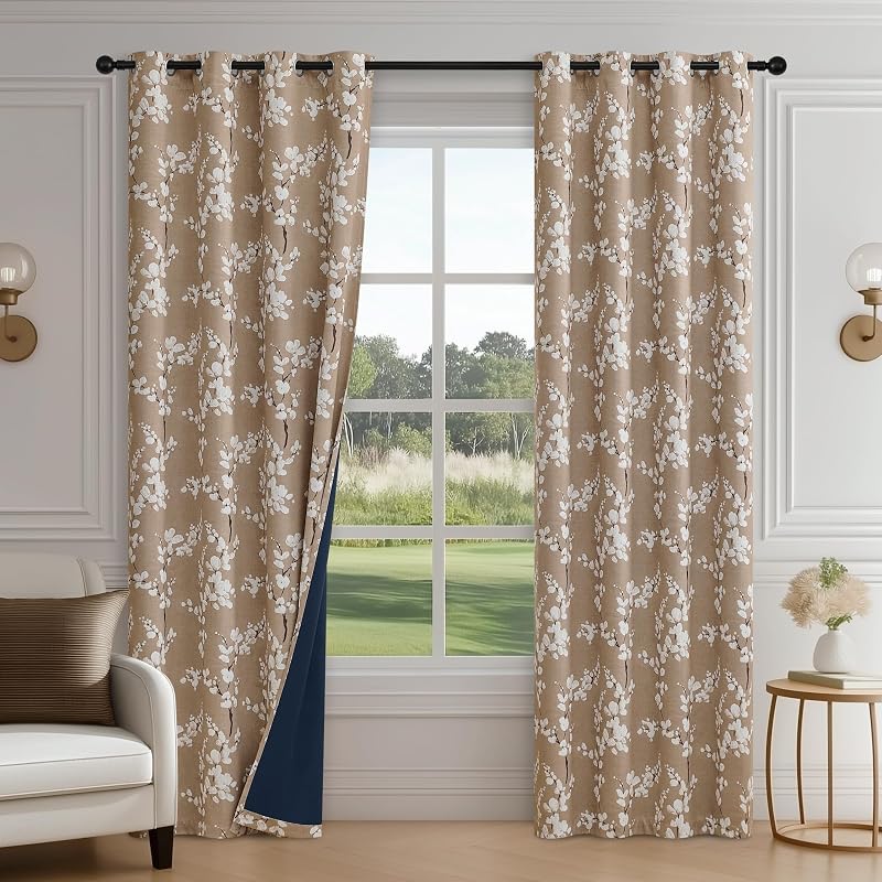 Brown Blackout Floral Curtains for Bedroom, 84 Inches, 2 Panels | 100% Black Out Drapes, Blossom Patterned, Thermal Insulated, Cottage Farmhouse, for Living Room, Grommet Top, White on Brown